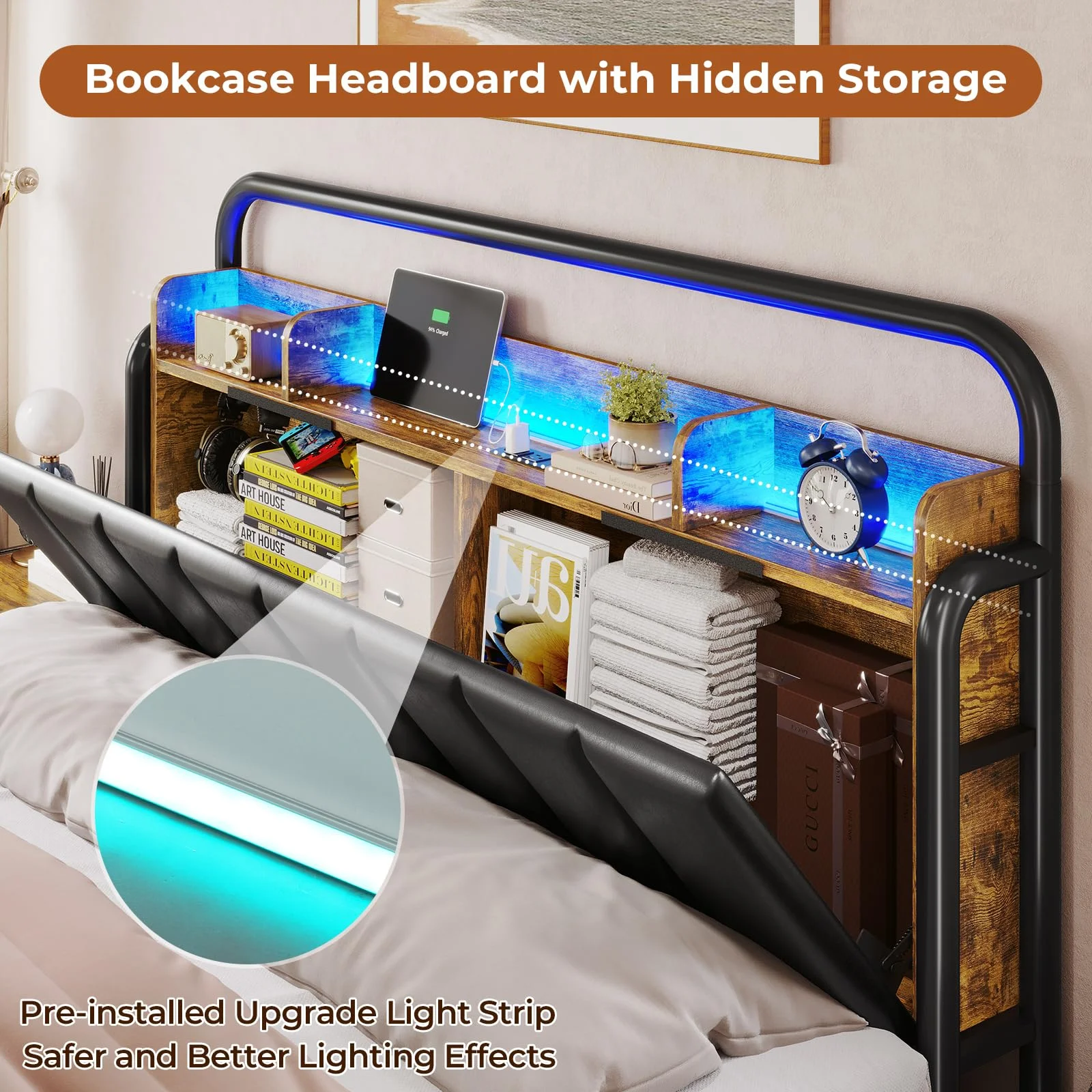 Queen Size Bed Frame with Storage Headboard & Hidden Storage Metal Platform LED Bed Frame with 4 Drawers & Charging Station,Upholstered Headboard,Noise-Free,Black