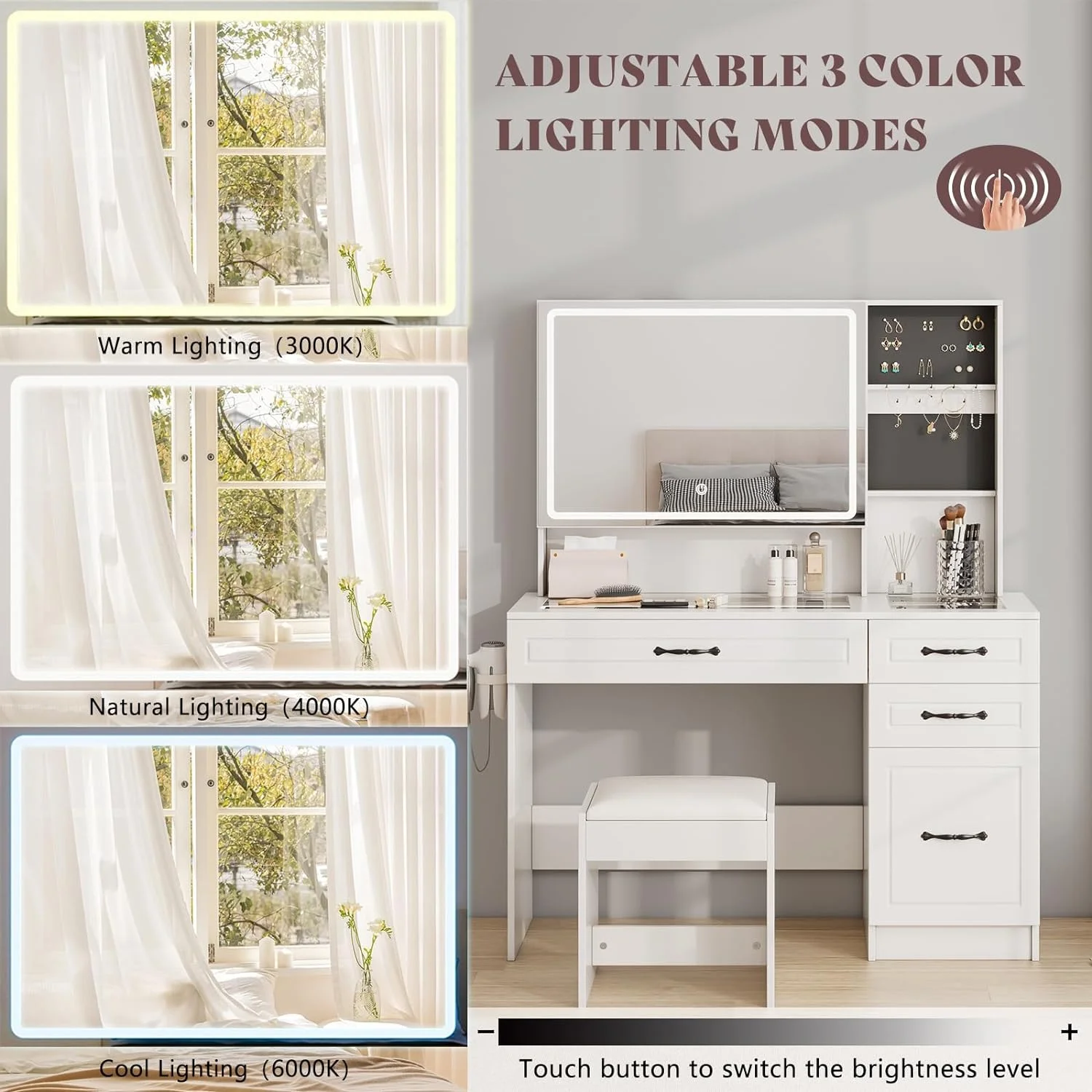 AMERLIFE Makeup Vanity Table Set with Sliding & LED Lighted Mirror, 45