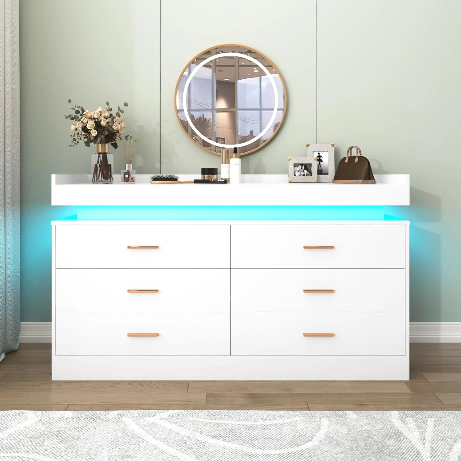 ChVans White Dresser with LED Light, Modern Wood Dresser with Wide Drawers and Metal Handles, 6 drawer dresser for Bedroom, Living Room, Entryway, Hallway(White)