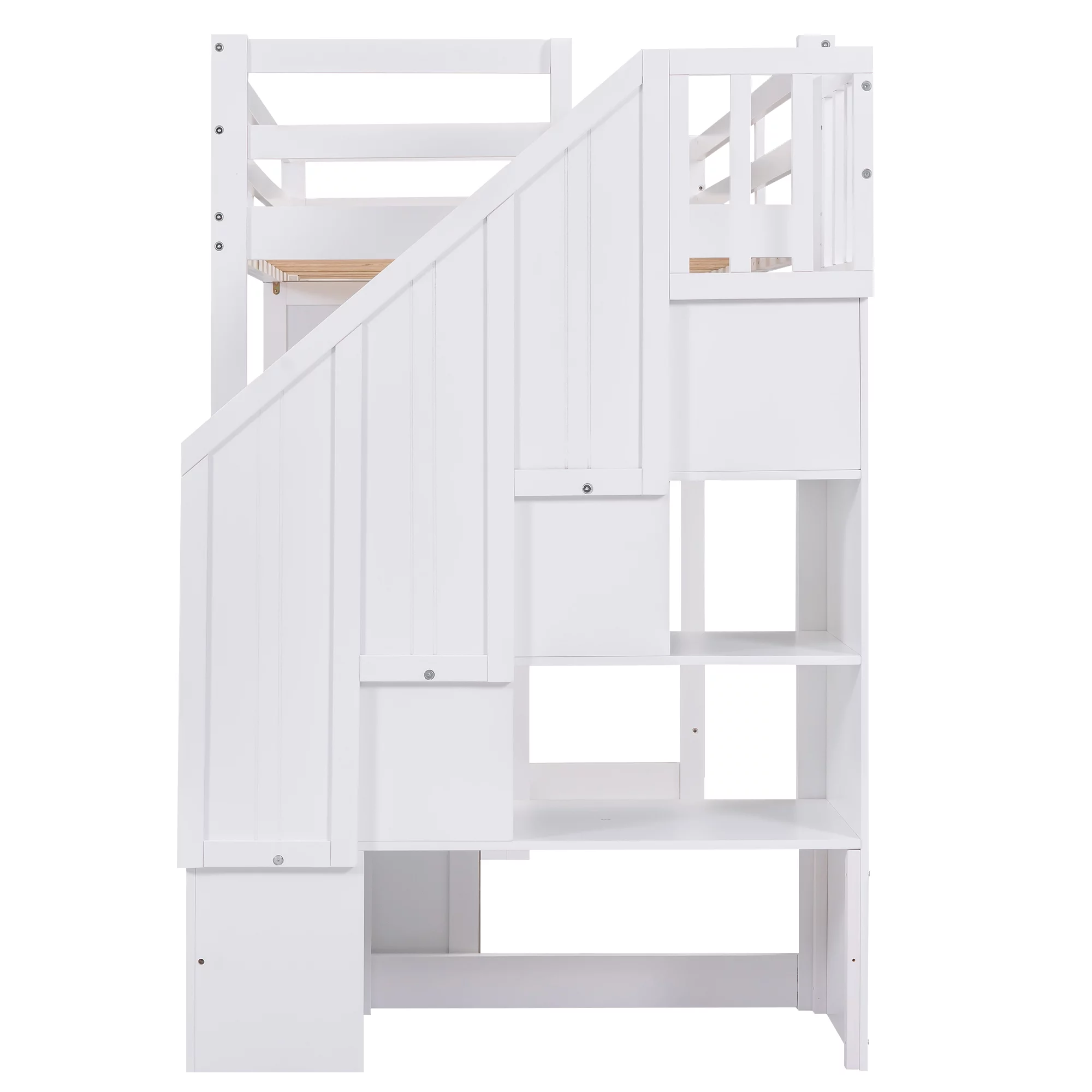 Euroco Twin Size Pine Wood Loft Bed with Desk, Drawers and Wardrobe for Kids Room, Storage Staircase, Sapce-Saving Shelf, White
