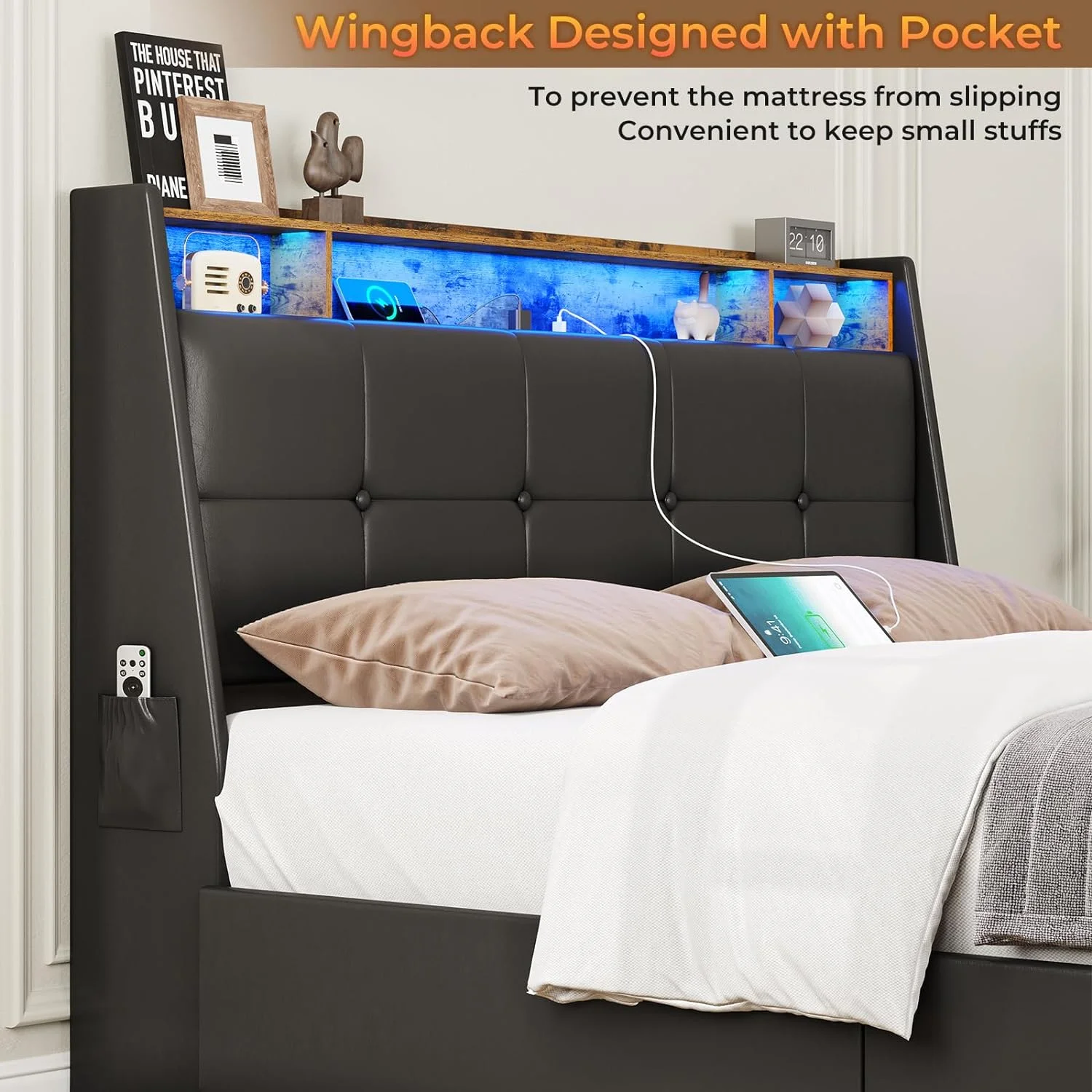 Queen Bed Frame with Storage Headboard and Drawers, Bed Frame with LED Light and Charging Station, Wooden Slats, PU Leather,No Box Spring Needed