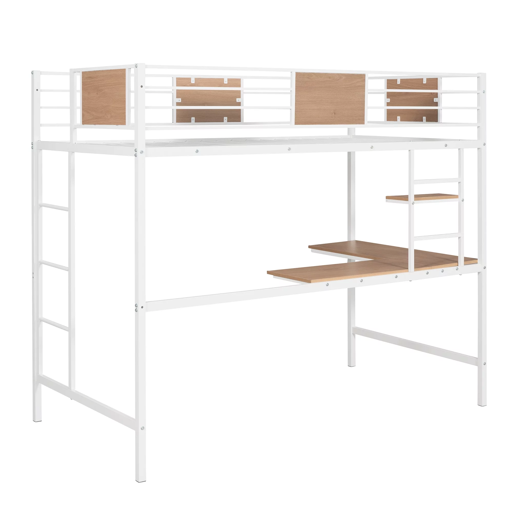 Bellemave Twin Metal Loft Bed with L-Shape Desk and Shelve,Sturdy Metal Loft Bed Frame with Guardrail for Kids,Teens,White