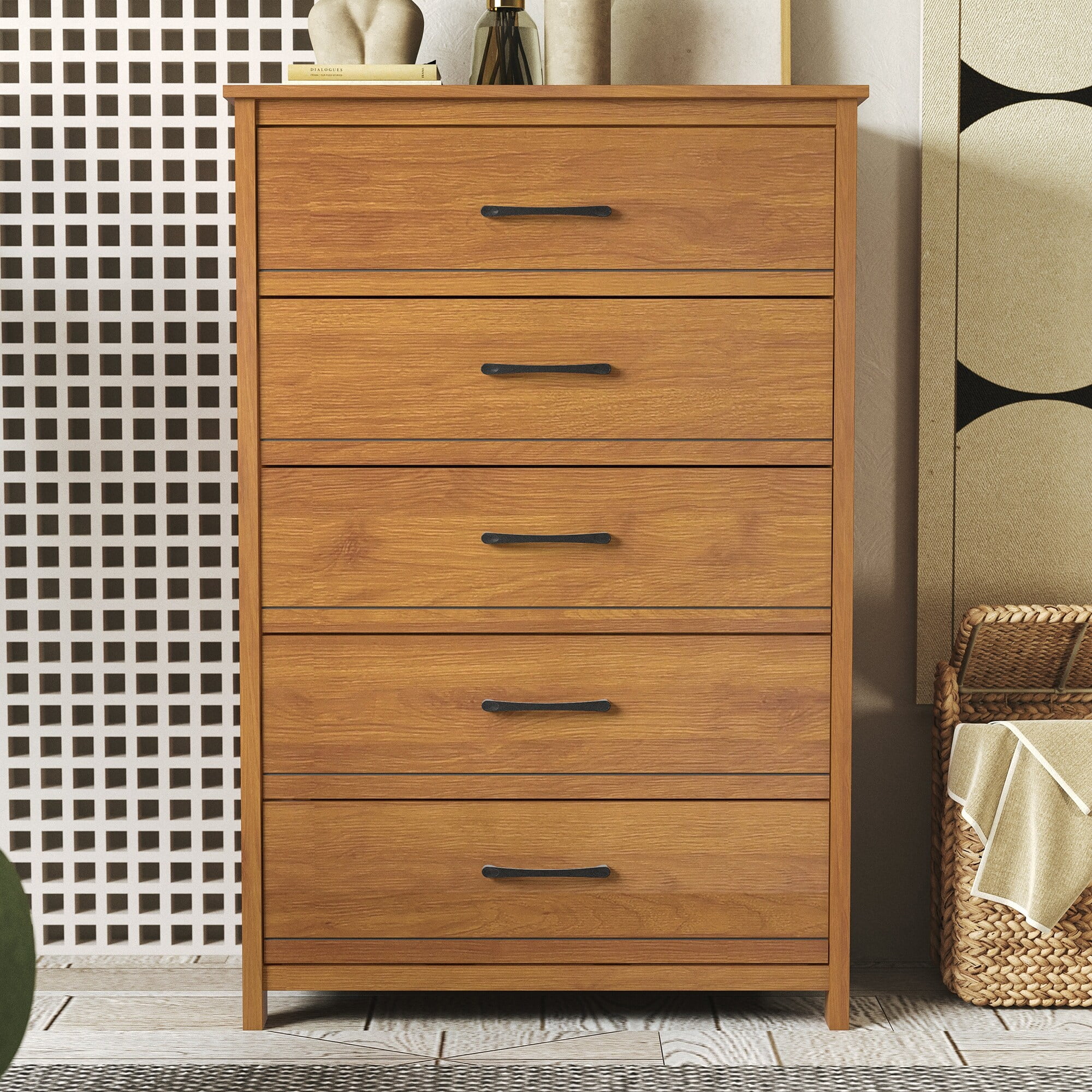 GALANO Kellie 5 Drawers Chest of Drawer 47.7 in. x 31.5 in. x 15.7 in. Amber Walnut