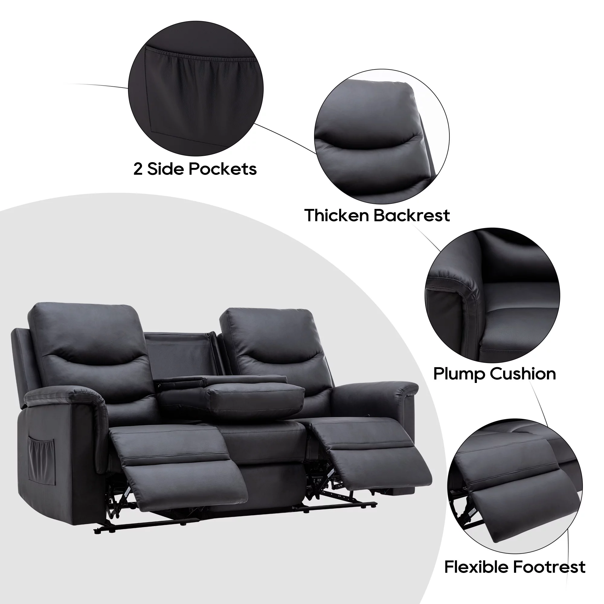 Reclining Sofa, 3 Seater Sofa Recliner with Flipped Middle Backrest, PU Leather Reclining Sofa with 2 Cup Holders and Console Slate, Manual Reclining Home Theater Seating for Living Room