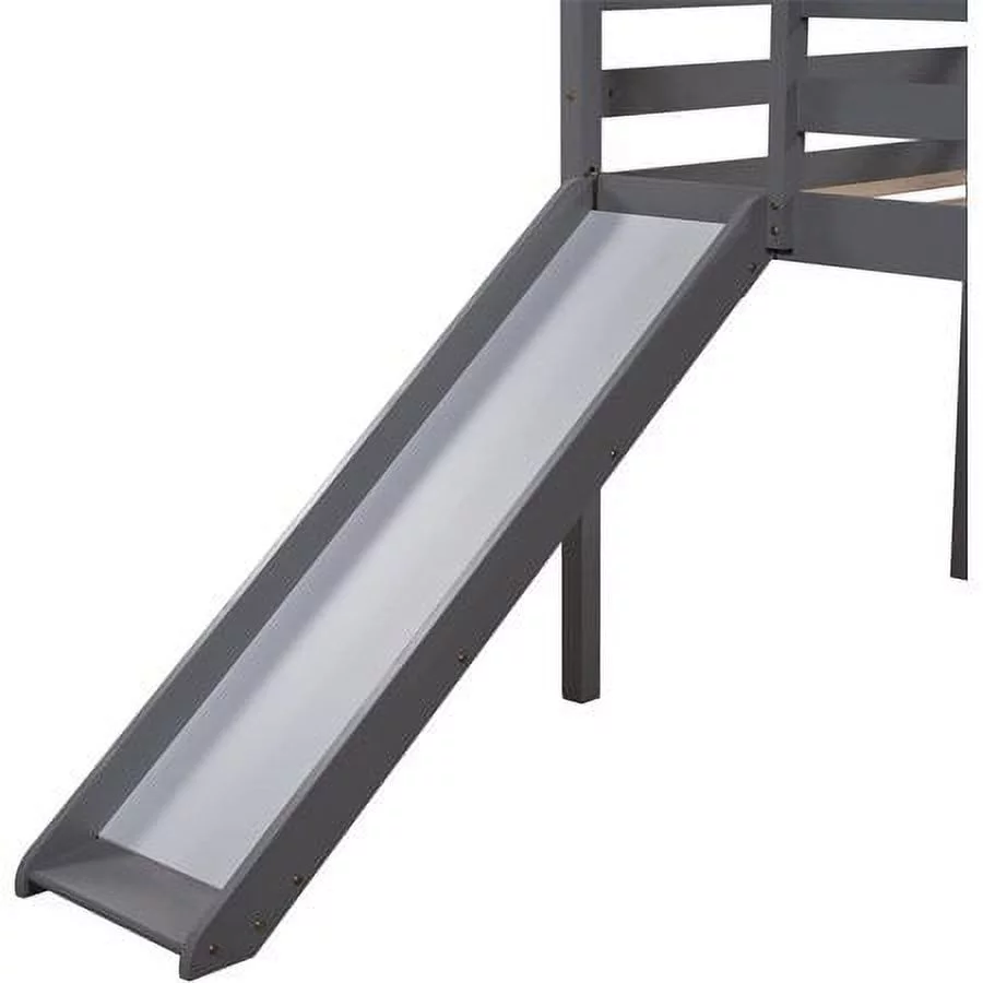 CHURANTY Twin Size Loft Bed with Slide, Wood House Loft Bed Frame , Twin Size Playhouse Loft Bed for Kids Boys Girls, Gray
