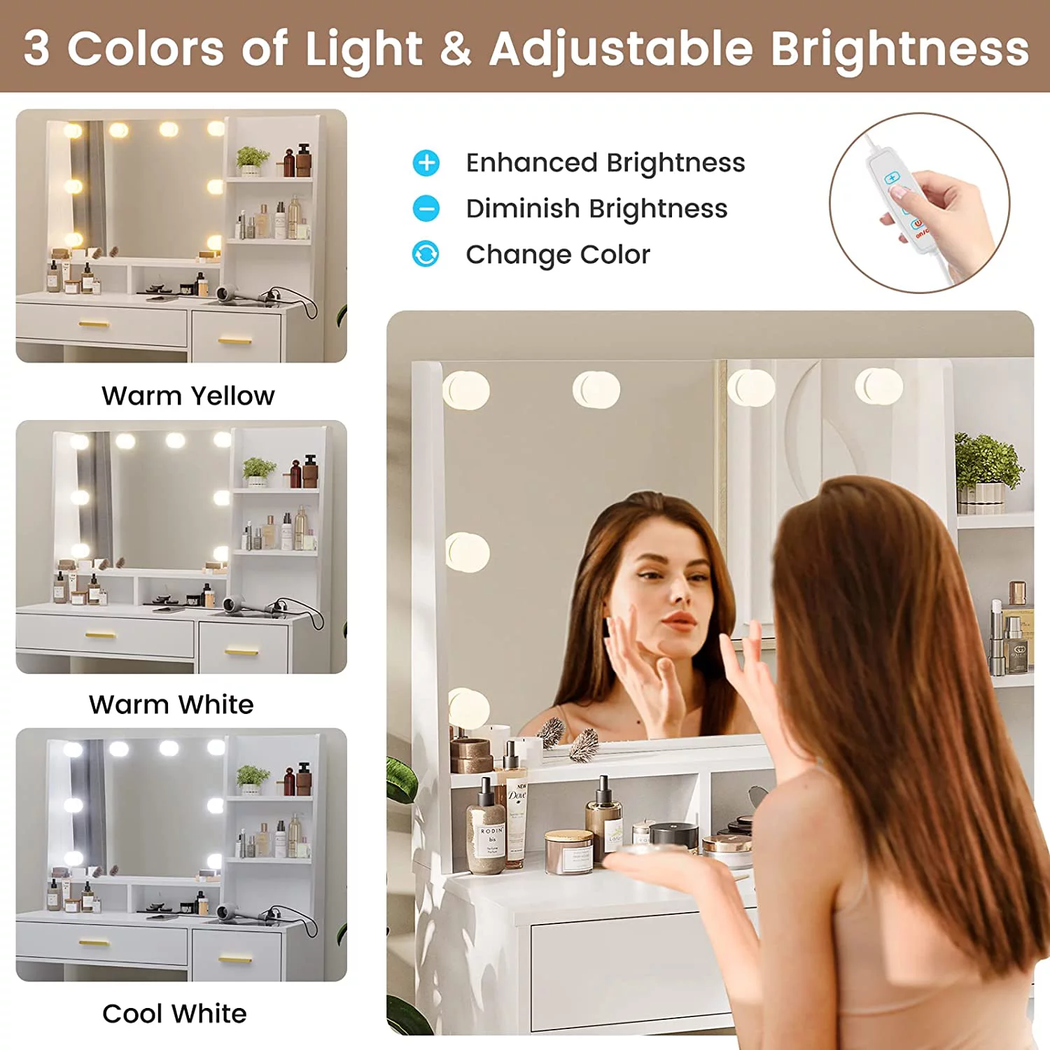 White Vanity Desk with Mirror and Lights,Bedroom Makeup Table Set with Lights & Charging Station,Makeup Desk with Drawers and Storage Shelves and Cushioned Stool