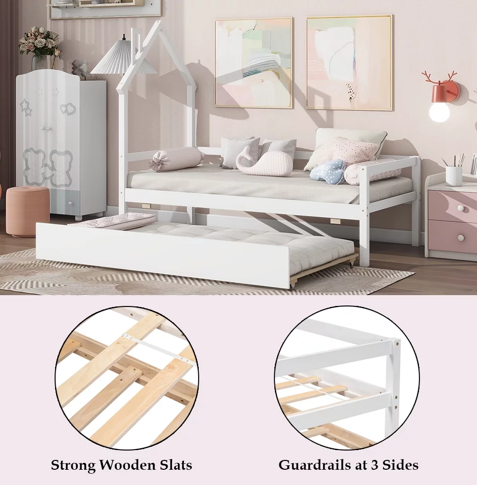 Bellemave Twin Size Daybed Bed with Trundle and House-shaped Headboard Twin Wood Platform Bed Frame with Guardrails Montessori House Bed for Kids, Toddlers, Boys, Girls, White