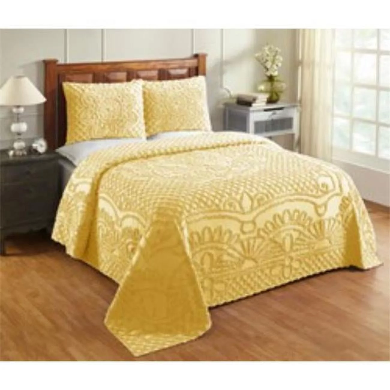 Trevor Queen & King Size 100 Percent Cotton Tufted Chenille Medallion Design Bedspread Set, Yellow