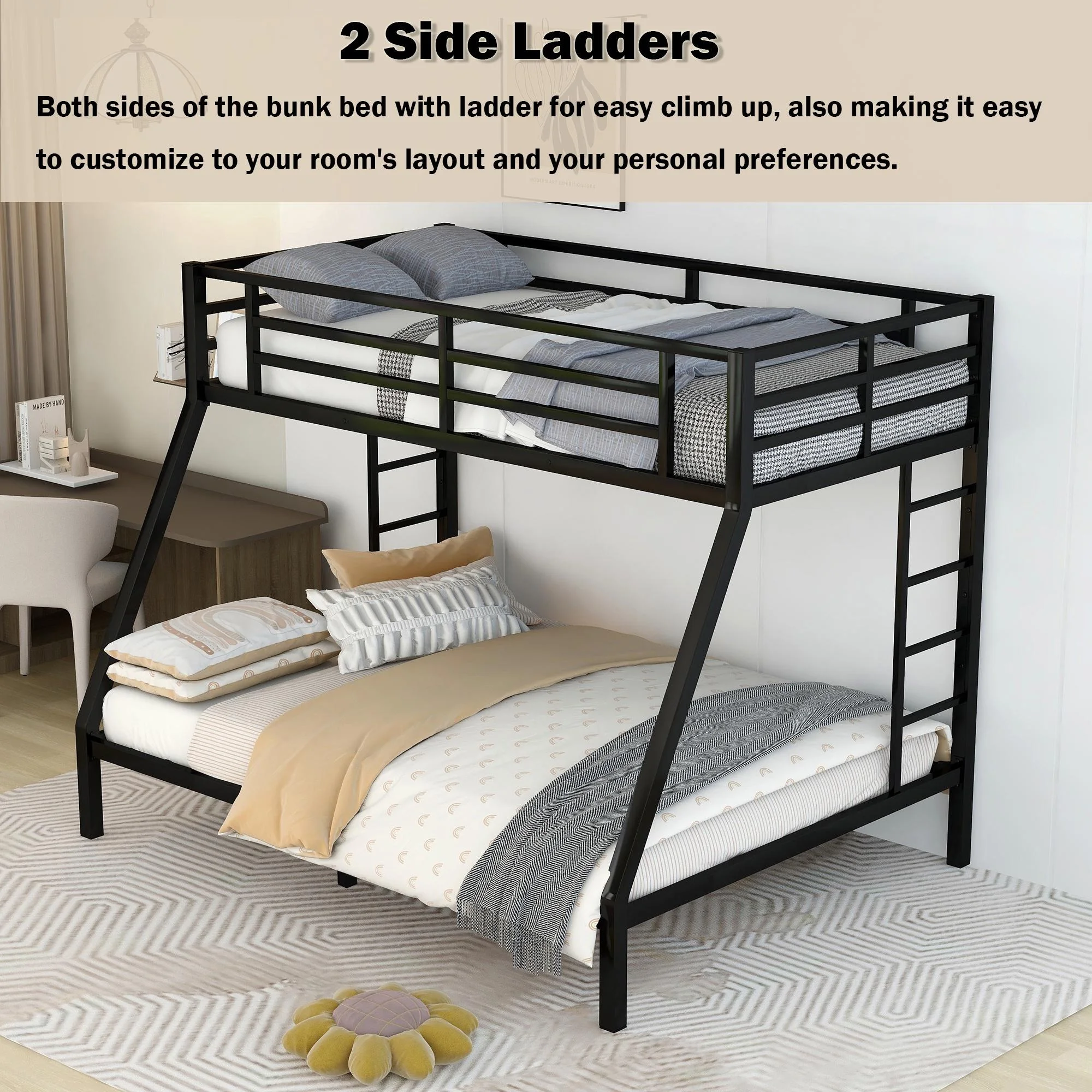 Bellemave Metal Bunk Beds Twin XL over Queen Bunk Bed for Adults, Teens, Kids Heavy Duty Bunk Bed Frame with 2 Ladder and Full-Length Guardrails, No Box Spring Needed, Black