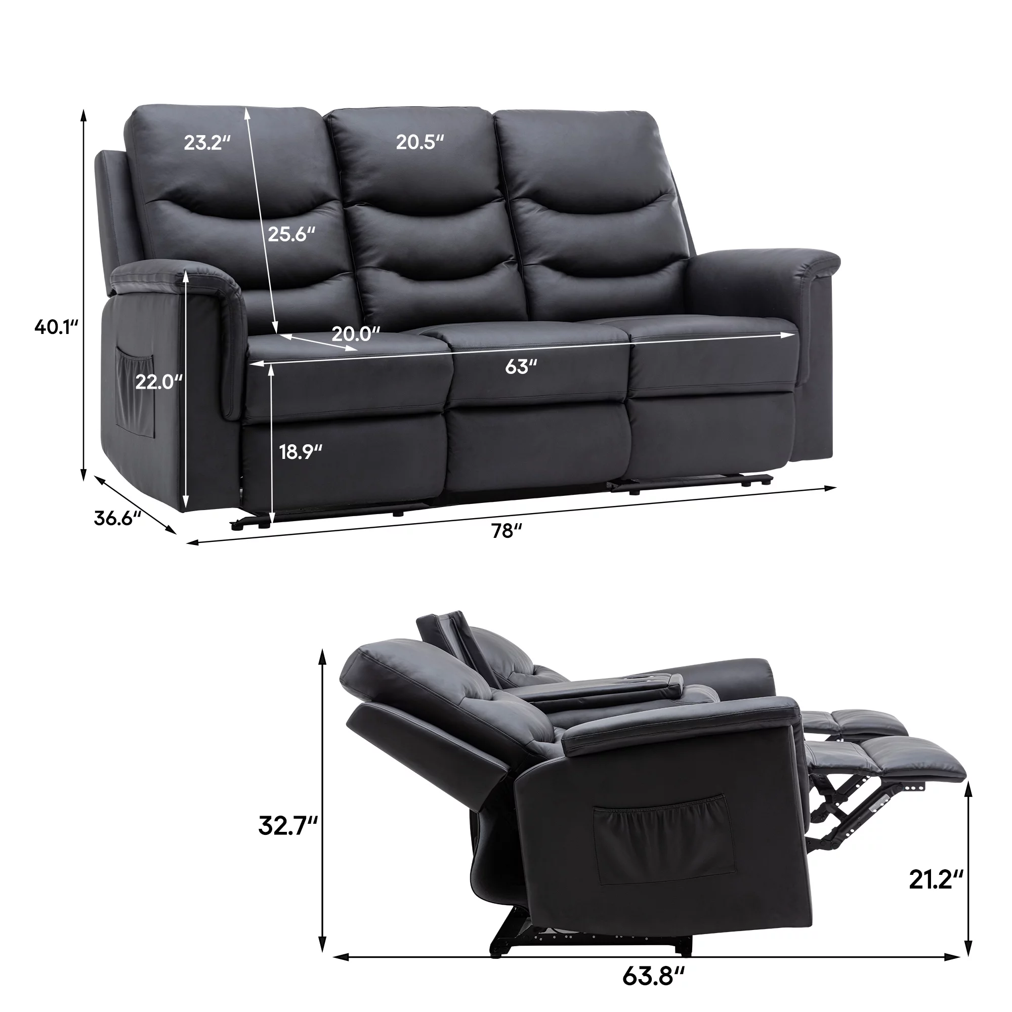 Reclining Sofa, 3 Seater Sofa Recliner with Flipped Middle Backrest, PU Leather Reclining Sofa with 2 Cup Holders and Console Slate, Manual Reclining Home Theater Seating for Living Room