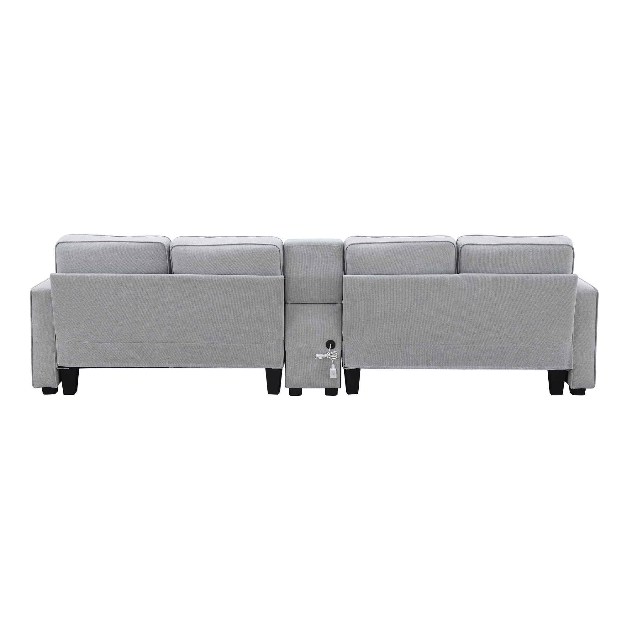 Modern 4 Seater Large Sofa with Console, Linen Fabric Upholstered Couch with USB Charging Ports Cup Holders for Living Room Office