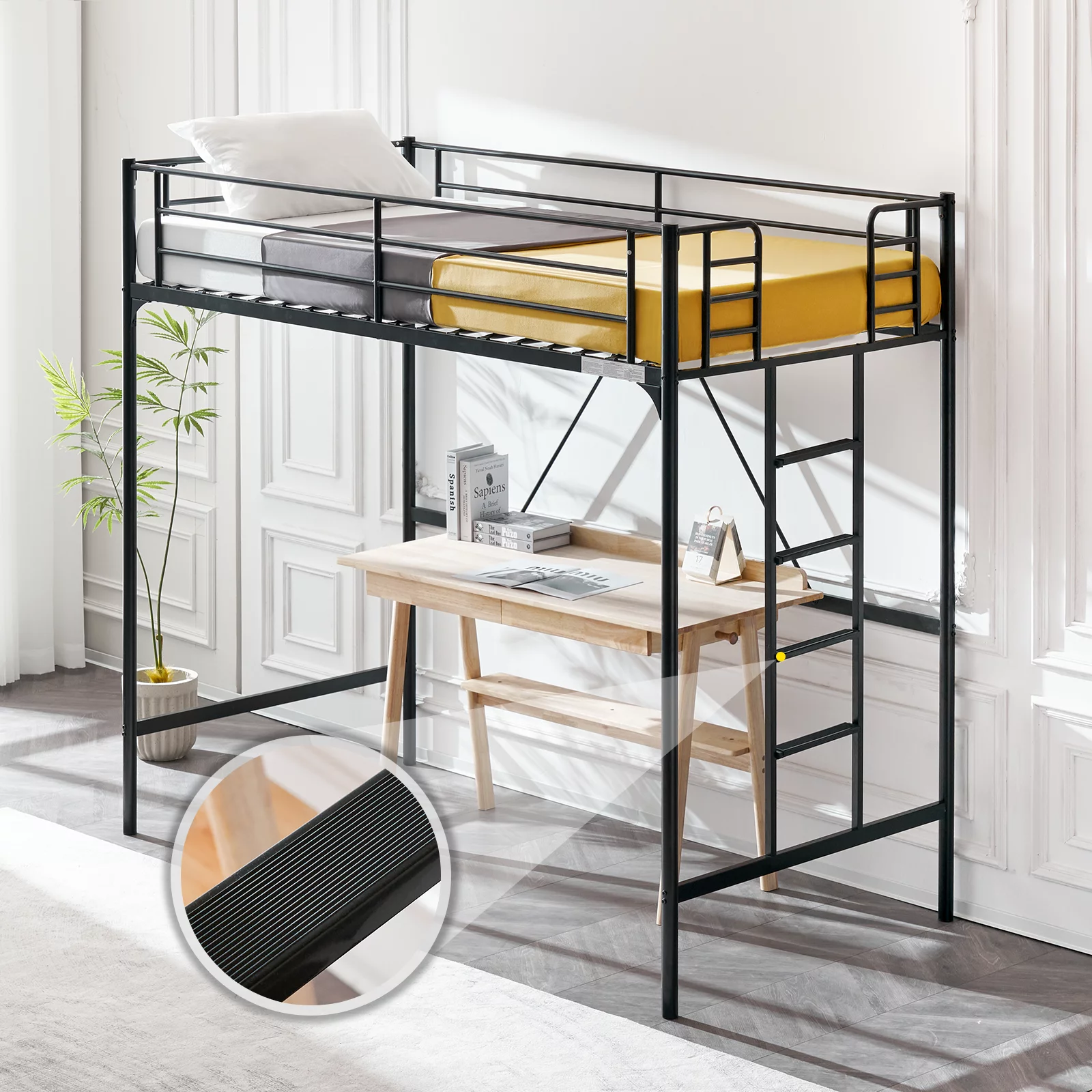 VINGLI Metal Loft Bed with Stairs and Flat Rung, Junior Loft Bed Twin Size High Loft Bed for Kids/Teens/Adults, No Box Spring Required, Black