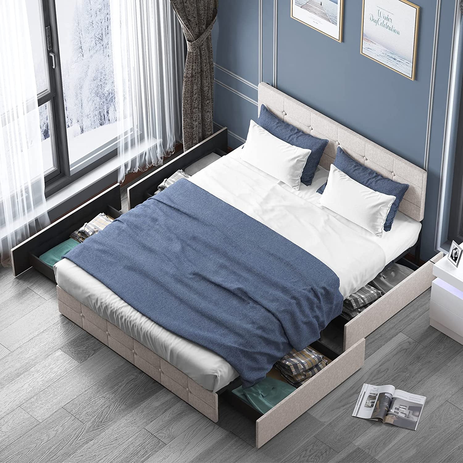 California King Upholstered Bed Frame with 4 Storage Drawers Platform California King Size Bed Frame with Adjustable Headboard Wooden Slats Support No Mattress No Box Spring Needed (Beige