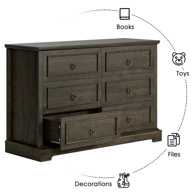 Homfa Double Dresser with 6 Drawers, 47'' Wide Chest of Drawers for Bedroom, Storage Cabinet for Living Room, Dark Brown