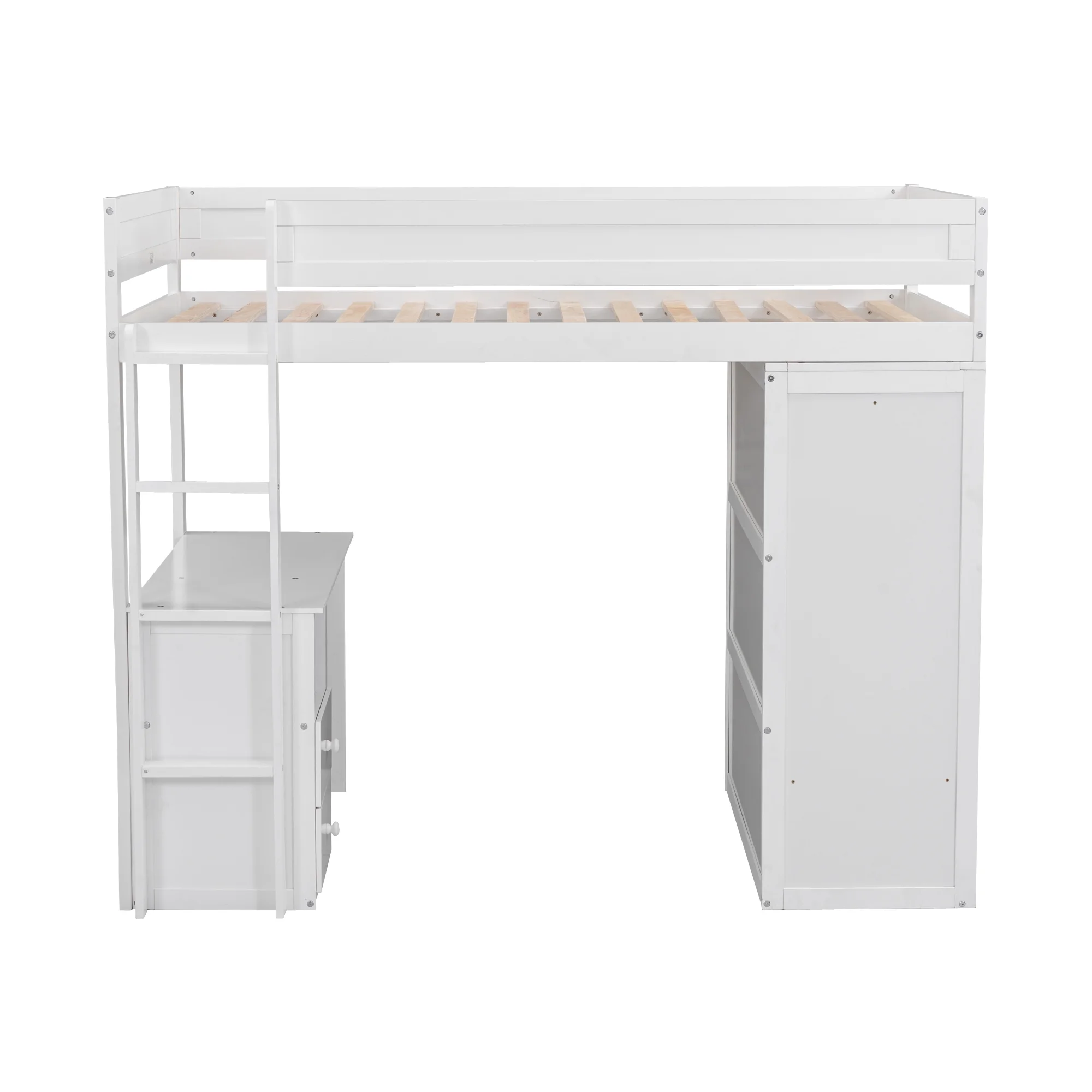 Twin Wood Loft Bed with Wardrobes and 2-Drawer Desk with Cabinet, Loft Twin Bed with Desk for Teenagers, Multiple Functions Bed, Easy to Assemble (White)