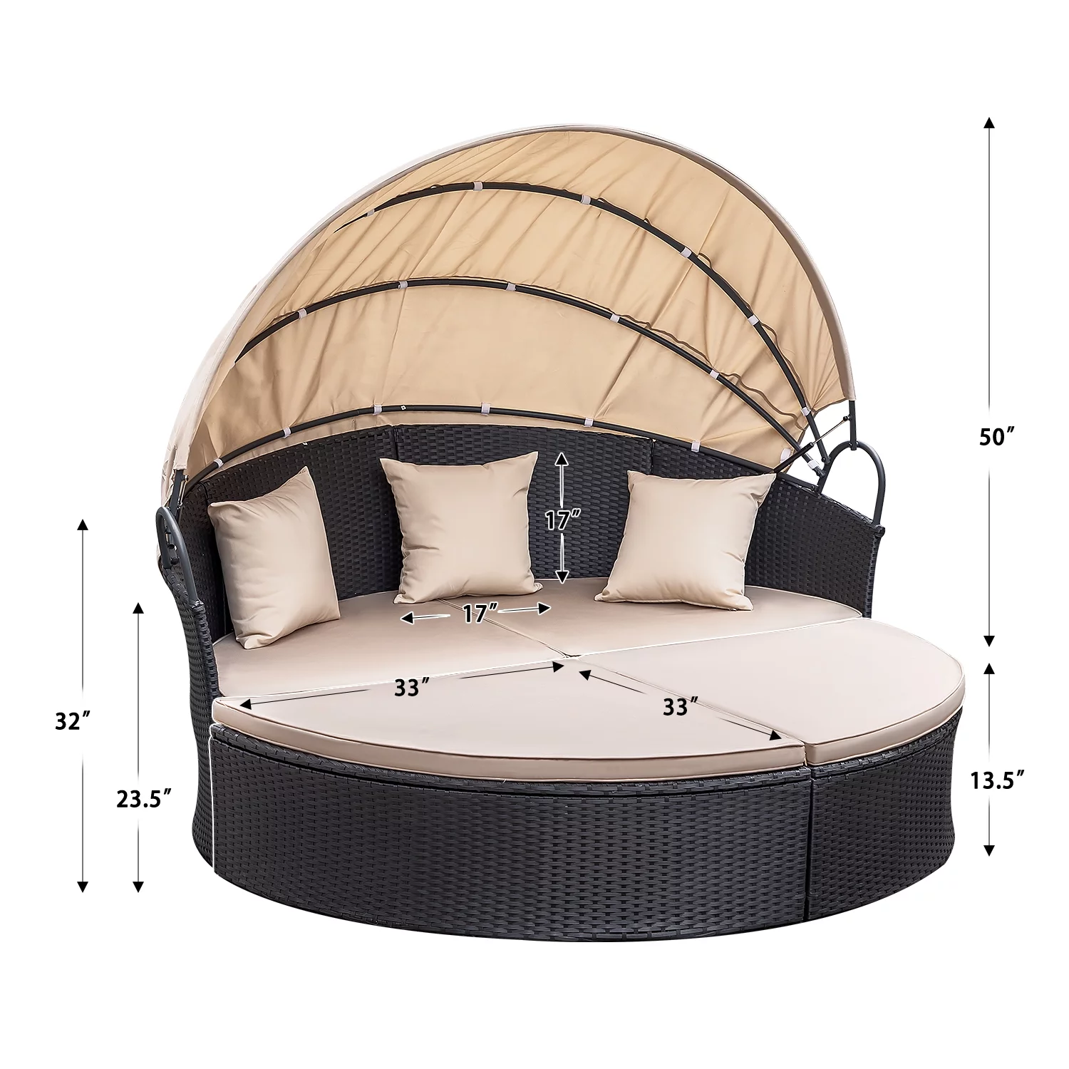Homall Outdoor Daybed with Retractable Canopy Sectional Rattan Round Bed for Patio, Black & Beige