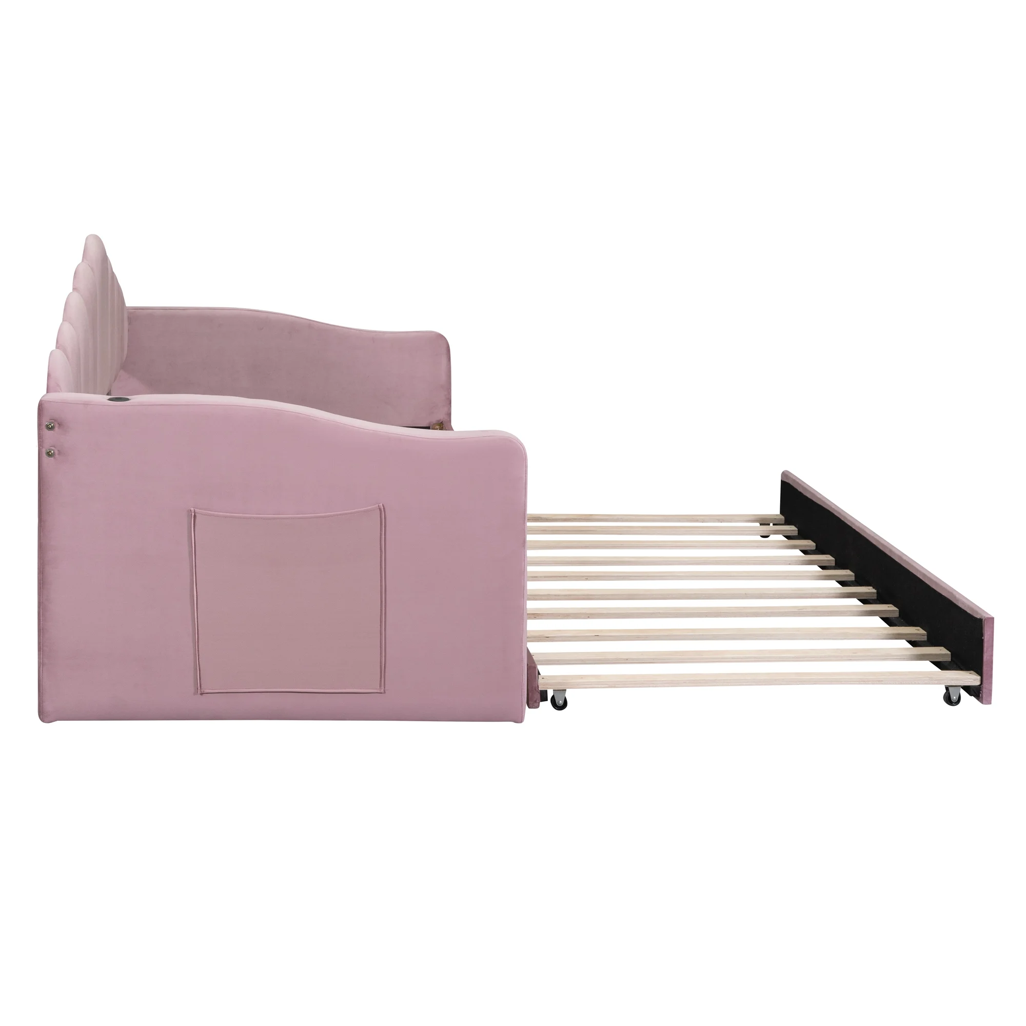 Churanty Twin size Upholstered Daybed with Trundle ,Velvet Sofabed with USB Charging Ports,No Box-spring Needed,Pink