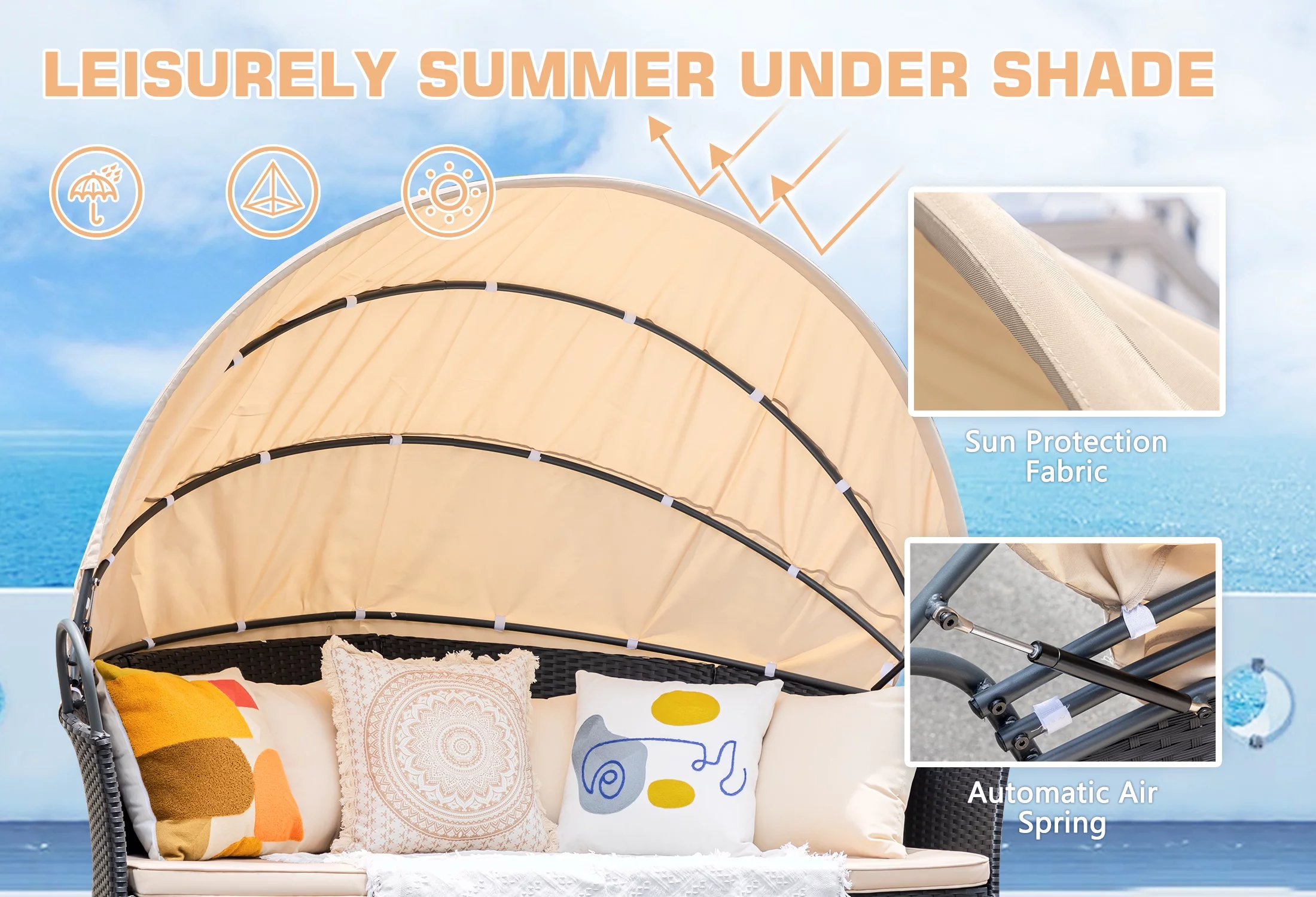 Homall Outdoor Daybed with Retractable Canopy Sectional Rattan Round Bed for Patio, Black & Beige