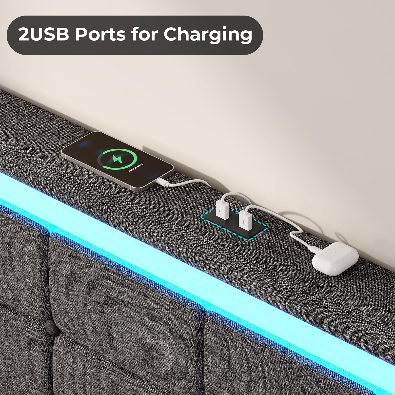 LED Bed Frame King Size Upholstered Platform Bed with 4 Drawers and LED Headboard and 2 USB Ports,Noise-Free, Dark Grey