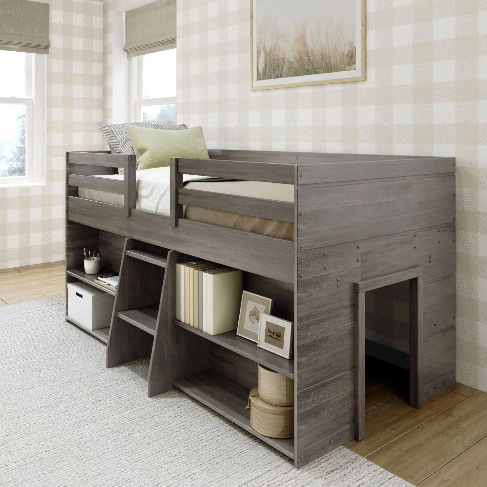 Max & Lily Modern Farmhouse Low Loft Bed, Solid Wood Twin Bed Frame for Kids with 2 Bookcases, Driftwood