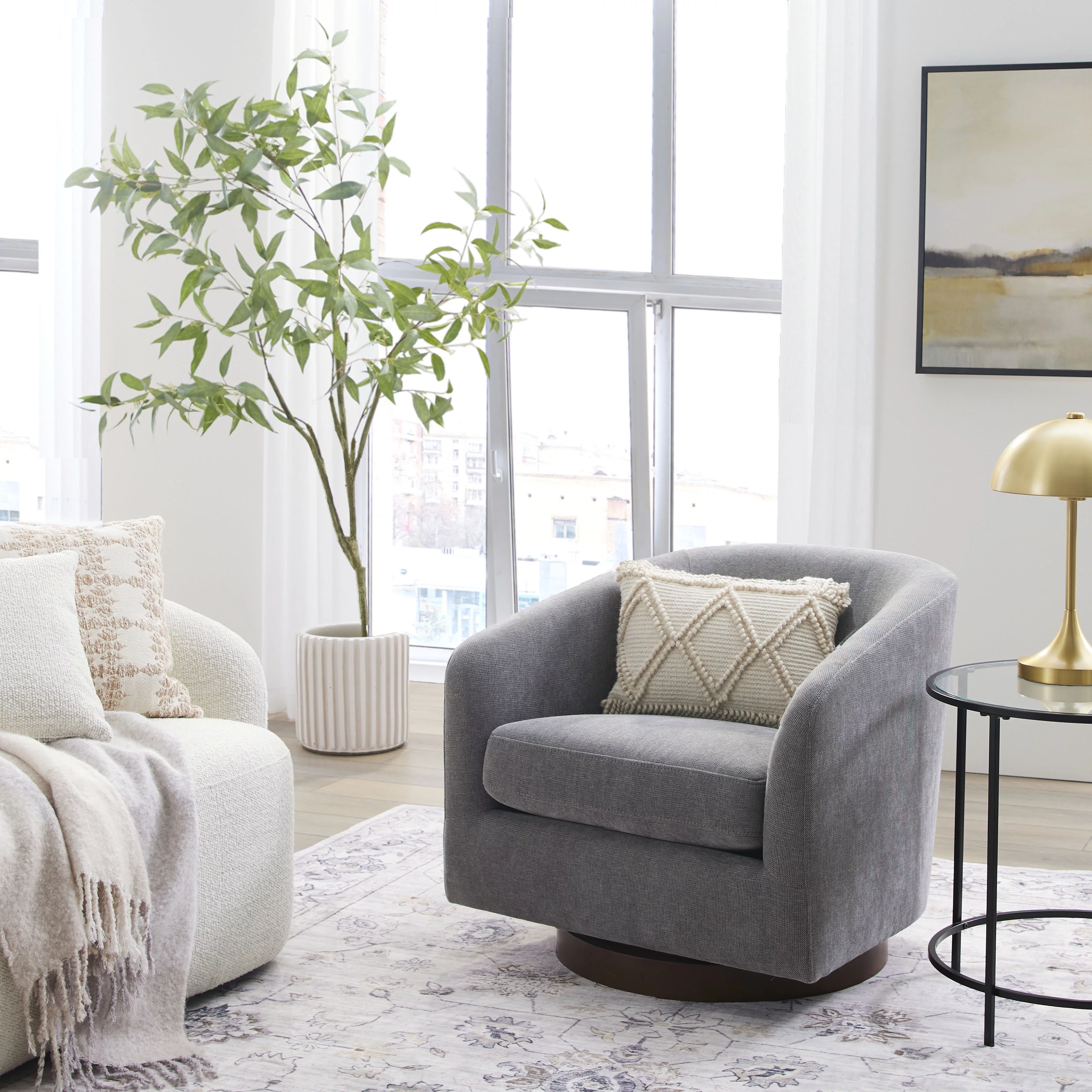 Better Homes & Gardens Bradford Wooden Base Modern Swivel Chair, Gray