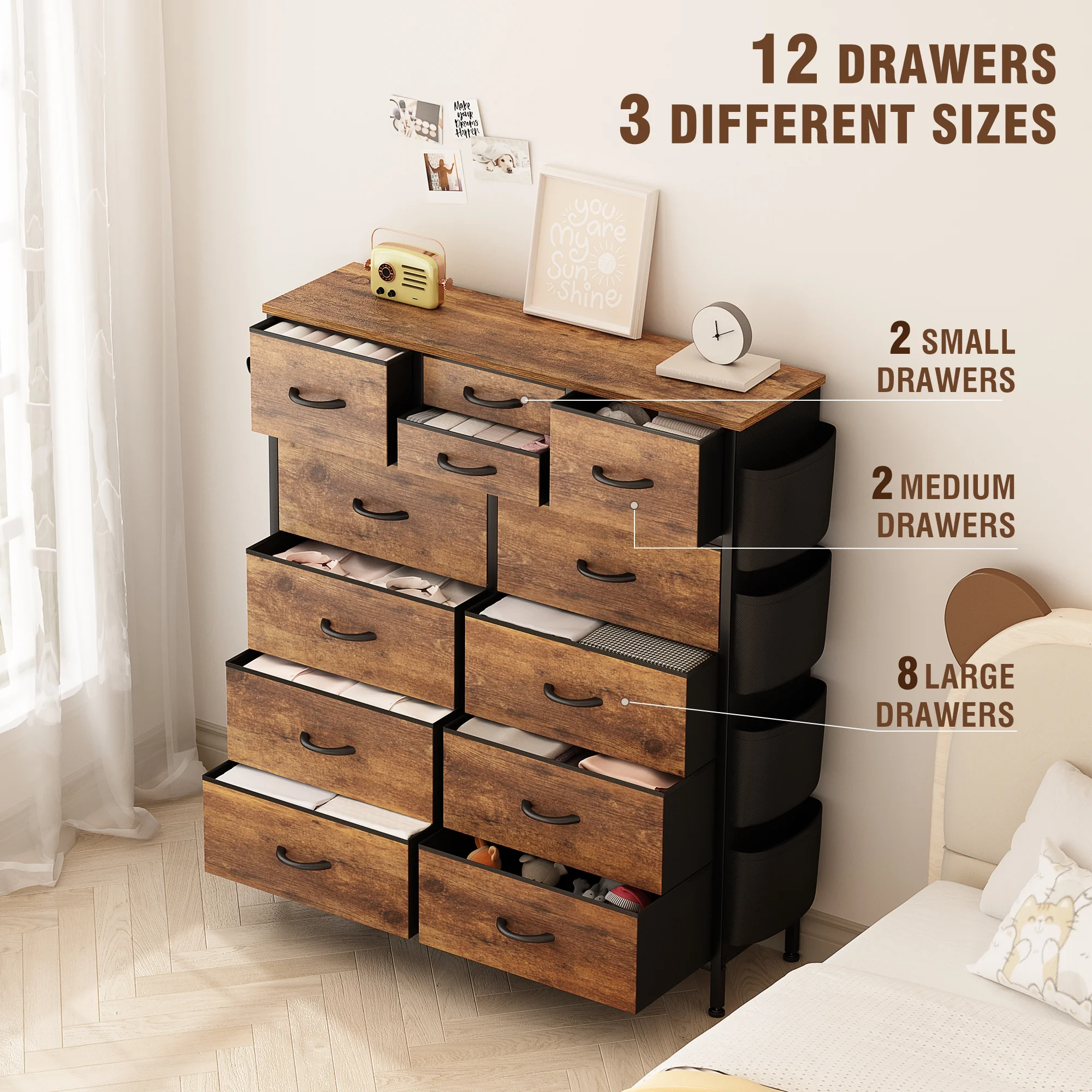 GIKPAL Dresser for Bedroom with 12 Drawer Tall Dresser Chest of Drawers Fabric Dressers Storage for Closet Living Room Hallway, Rustic Brown