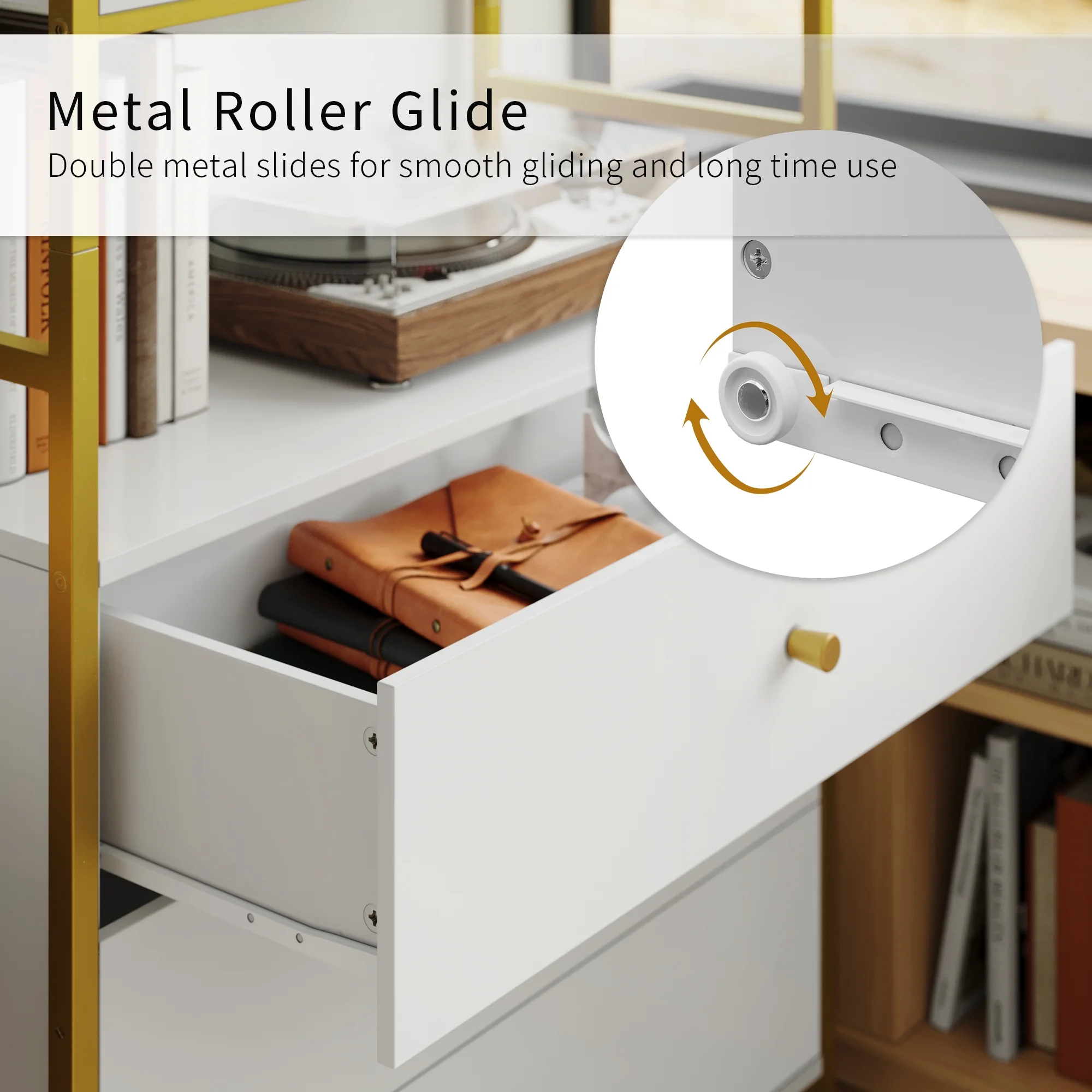 Homfa 4 Tier Gold Bookcase with 3 Drawers, Free Standing Bookshelf with Metal Frame for Office Study Room, White Finish