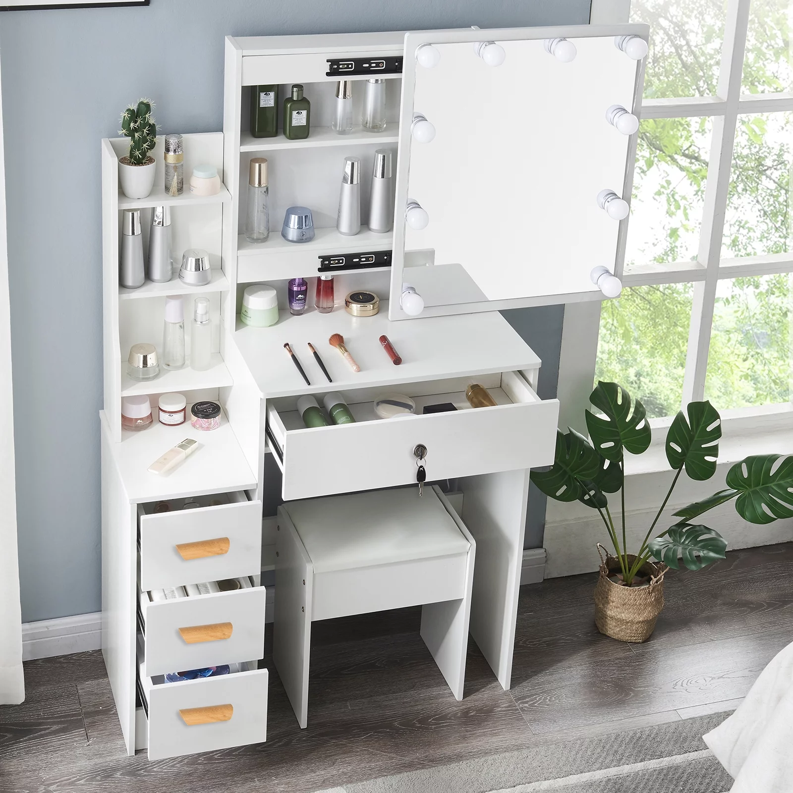 Yamissi Vanity Desk with Lighted Mirror, Makeup Dressing Table with Shelves & Drawers, Vanity Set with Mirror for Bedroom, White