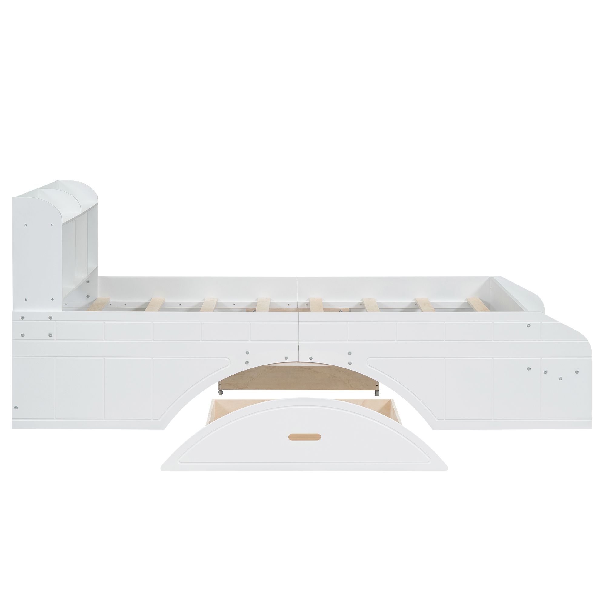 Solid Wood Bed Frame with 2 Drawers, Storage Headboard and Footboard, Platform Bed Frame, Mid Century Bedframe, Multi-Storage Space Wood Foundation(White, Twin)