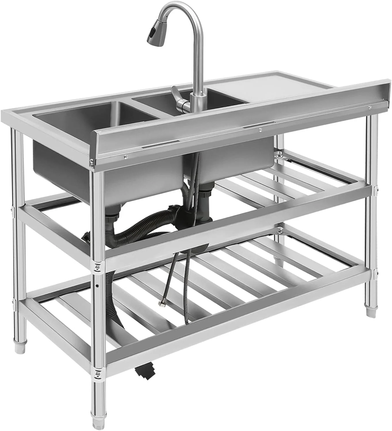 Free Standing Commercial Kitchen Sink 2 Compartment Stainless Steel Prep & Utility Sink 201 Stainless Steel Freestanding Kitchen Sink for Restaurant, Kitchen, Outdoor (Dual Bowl Style w/Baffle)