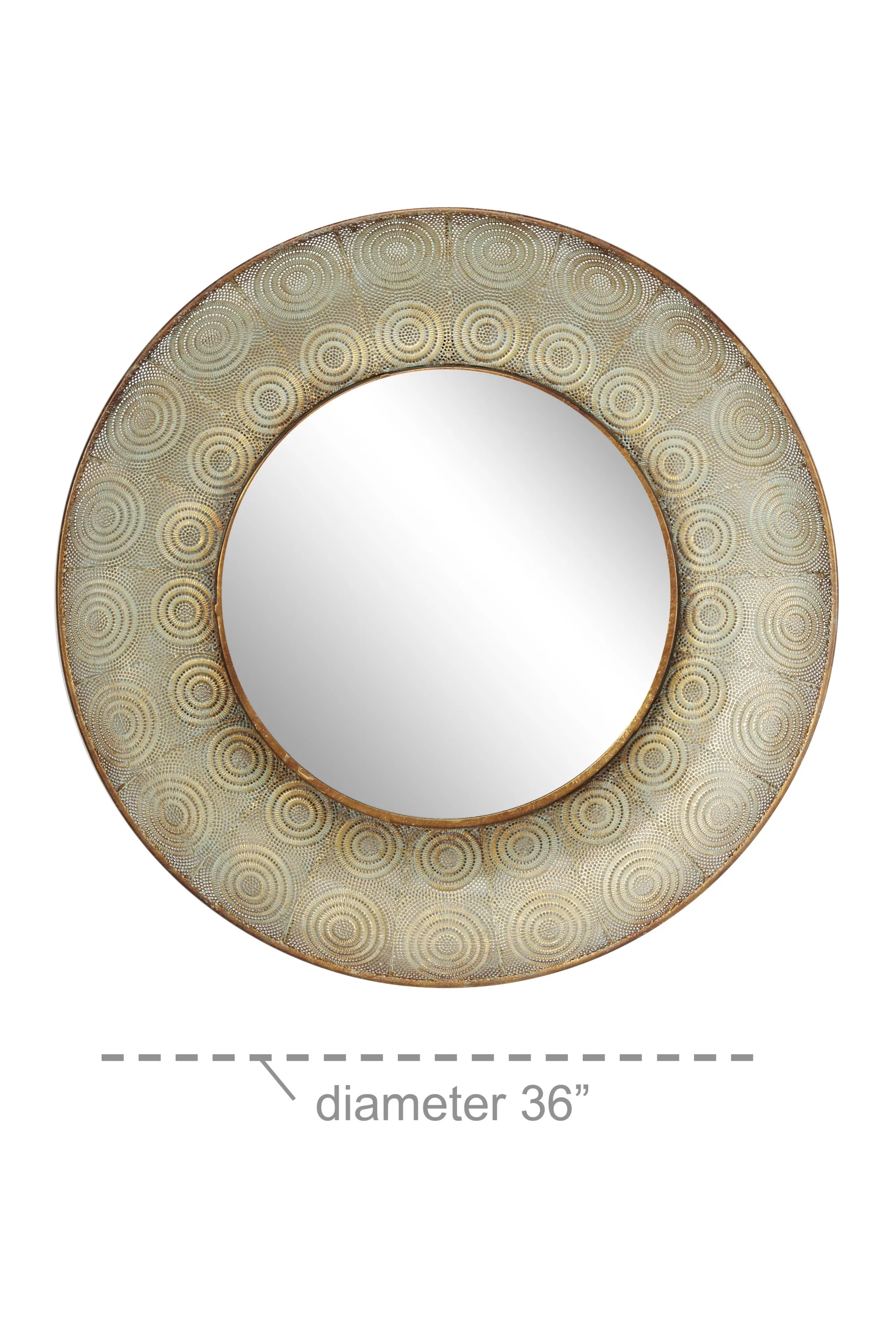 Decmode Pierced Gold Metal Large, Round Wall Mirror with Eclectic Circle Designs, 36” x 36”
