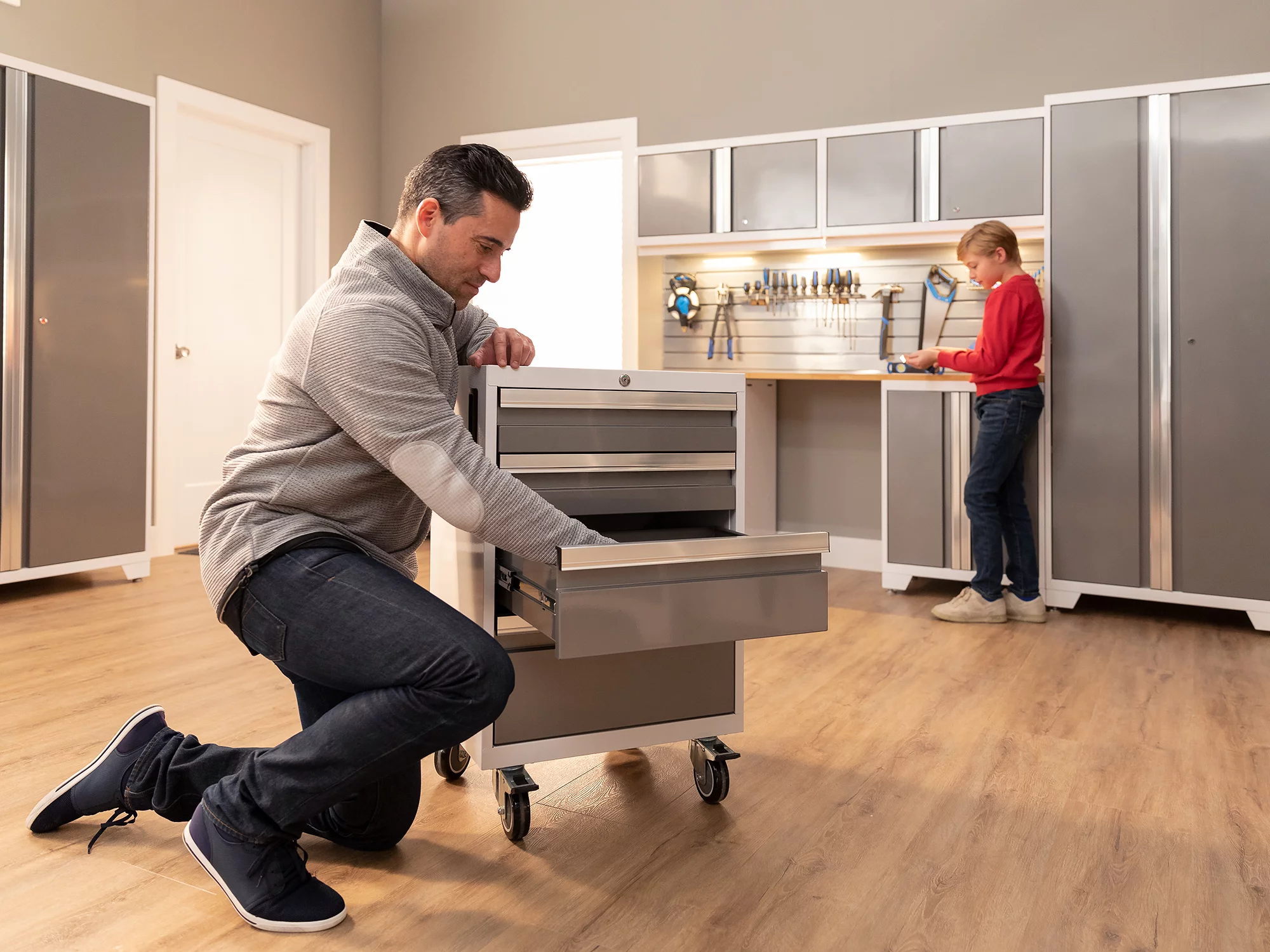 NewAge Products Bold Series Platinum 8 Piece Cabinet Set, Heavy Duty 24-Gauge Steel Garage Storage System, LED Lights Included