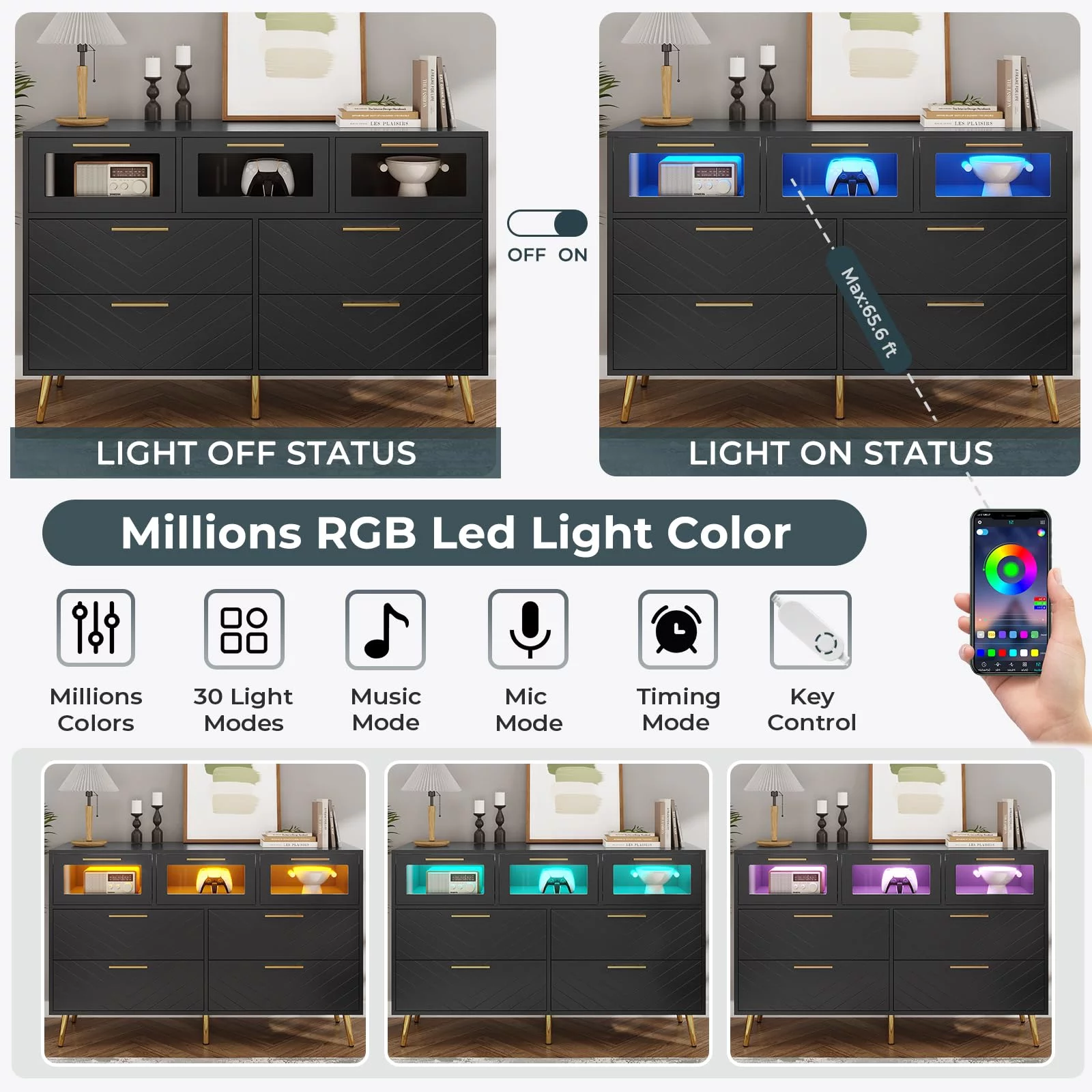 Black Dresser for Bedroom with RGB LED Lights,Modern 7 Drawer Dresser Chests of Drawer Storage Organizer for Living Room Closet
