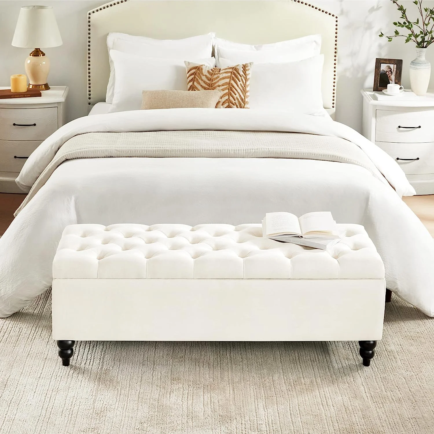 Storage Ottoman Bench, 50.2 Inches Upholstered Fabric Storage Ottoman Bench, Button Tufted Ottoman with Large Storage, End of Bed Bench, for Living Room, Entryway, Bedroom (Ivory)