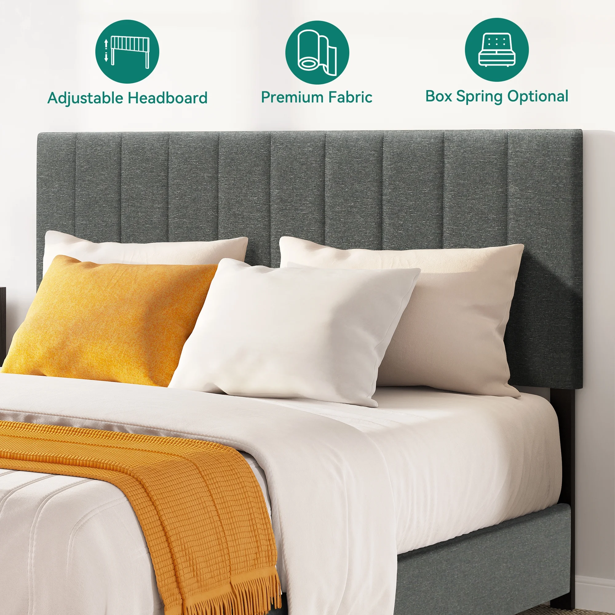 Dextrus Queen Size Bed Frame, Platform Bed with Storage Drawers, Upholstered Bed with Headboard and Strong Wood Slats Support, No Box Spring Needed, Grey