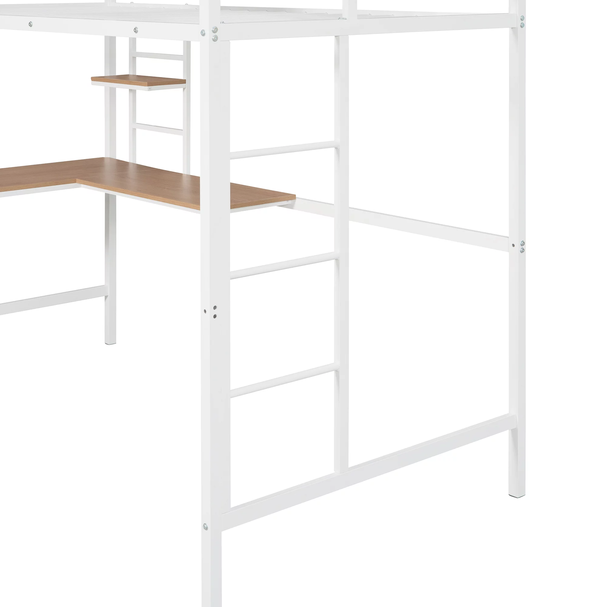 Bellemave Twin Metal Loft Bed with L-Shape Desk and Shelve,Sturdy Metal Loft Bed Frame with Guardrail for Kids,Teens,White