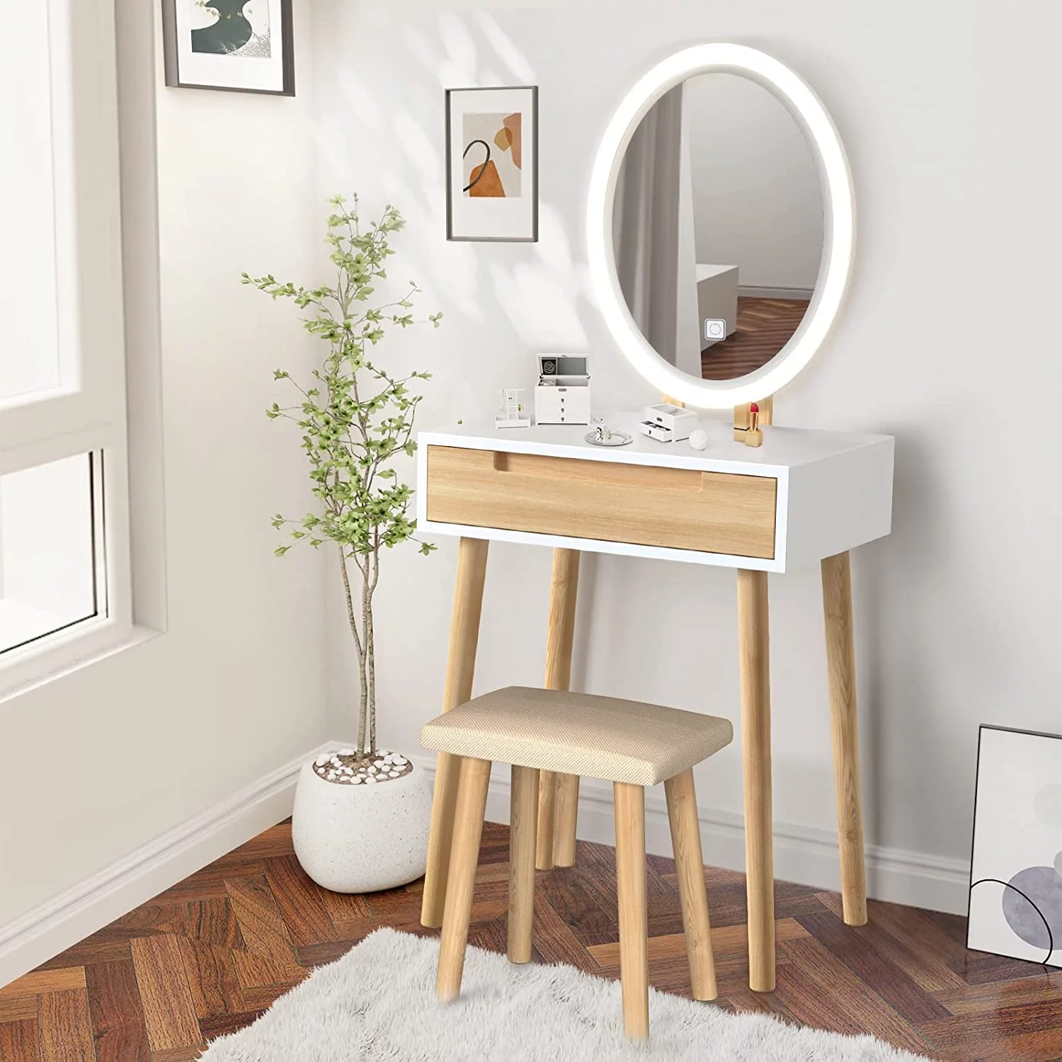 ELEWISH Makeup Vanity Table Set with 3 Modes Adjustable Lighted Mirror Cushioned Stool, Dressing Table for Small Space with Free Make-up Organizer (White+Wood)