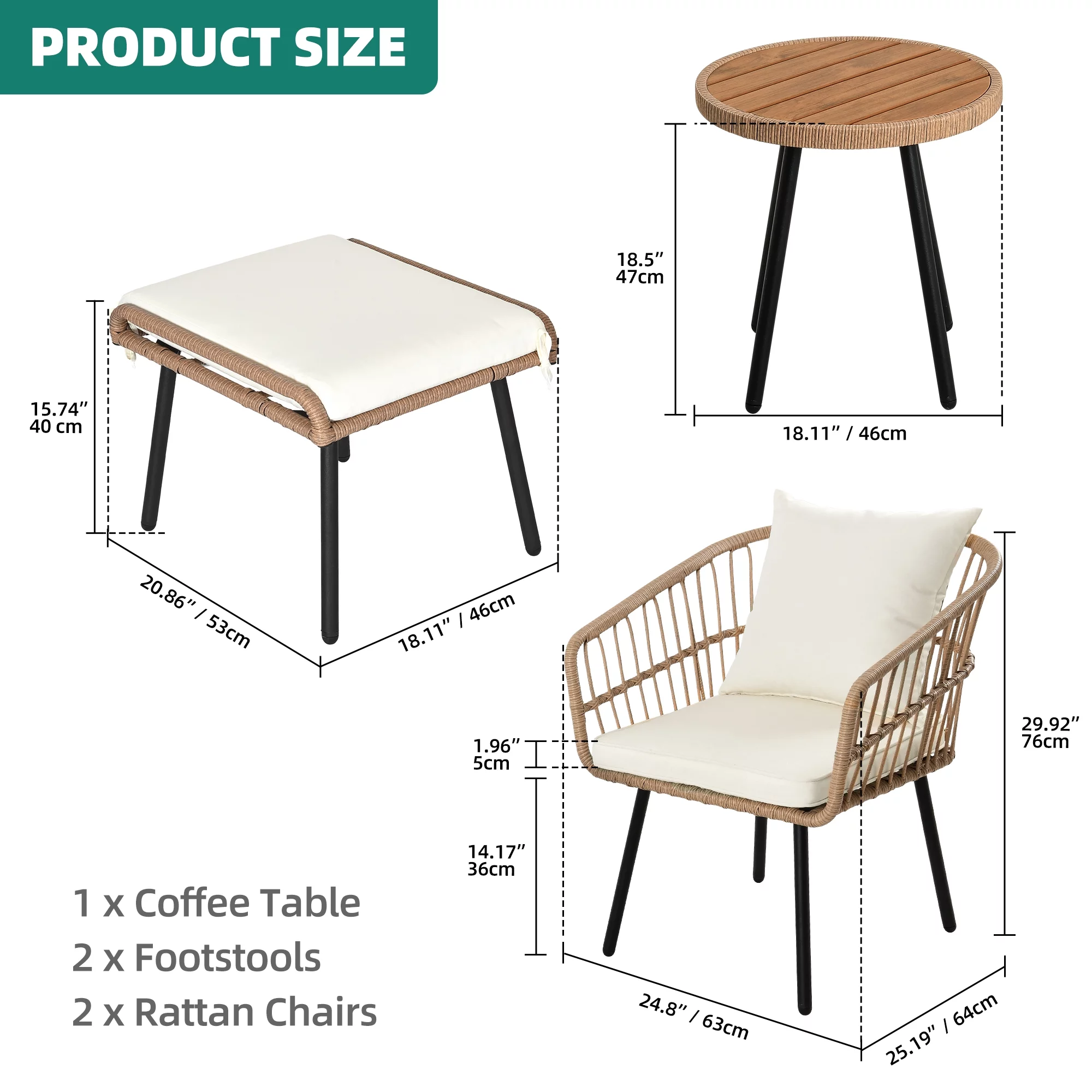 Dextrus 5-Piece Outdoor Wicker Furniture Set, 2 Outdoor Patio Chairs With 2 Ottomans and Coffee Table