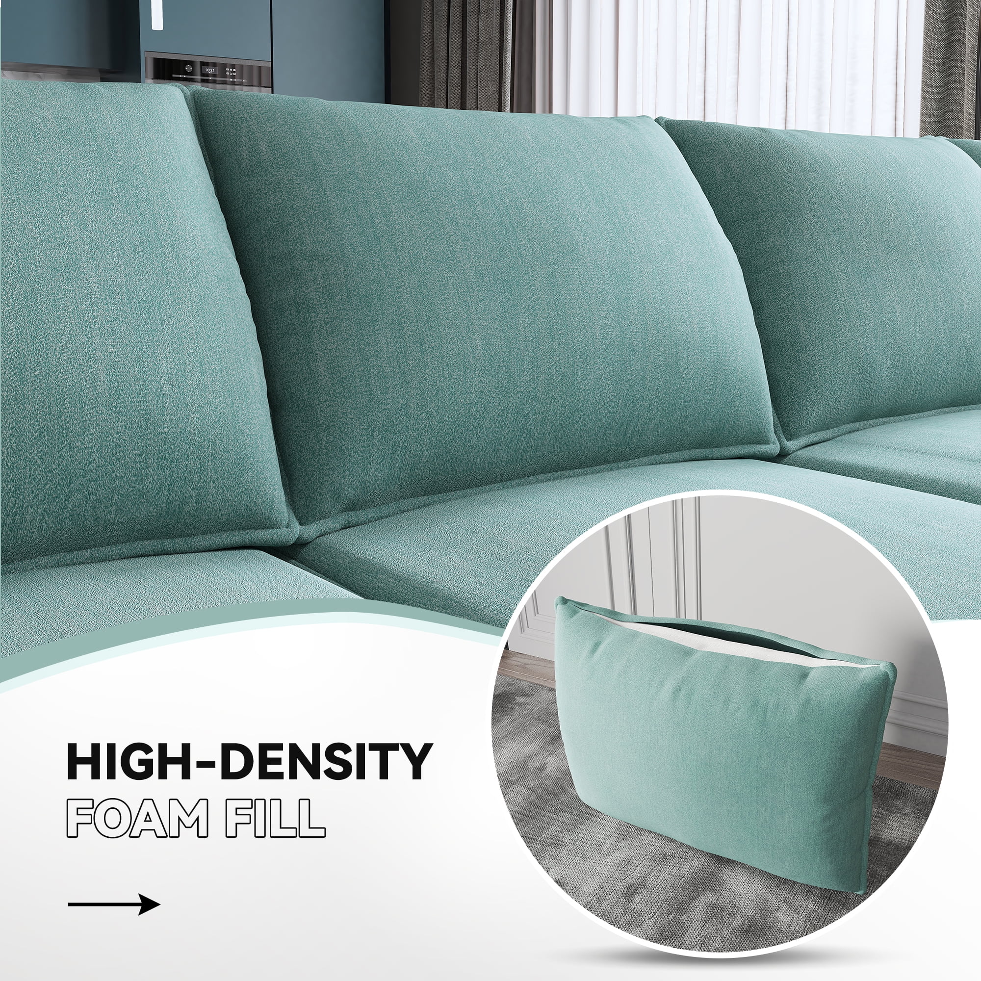 HONBAY Modern Convertible 6 Pieces Fabric Sleeper Sectional Couch Sofa Bed with Storage Ottomans, Aqua Blue