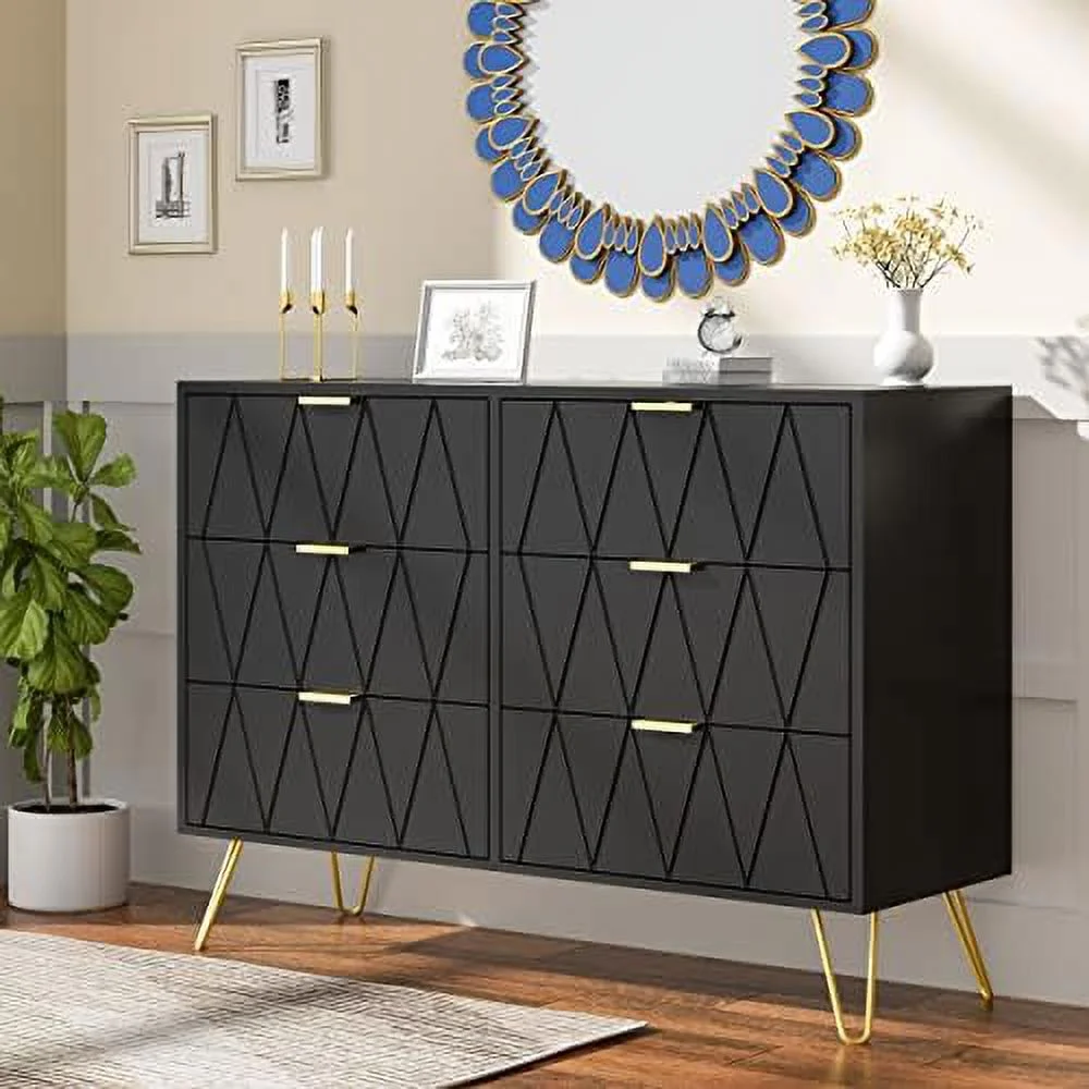 Black 6 Drawer Dresser for Bedroom Large Double Dresser with Wide Drawers and Gold Handles Chest of Drawers