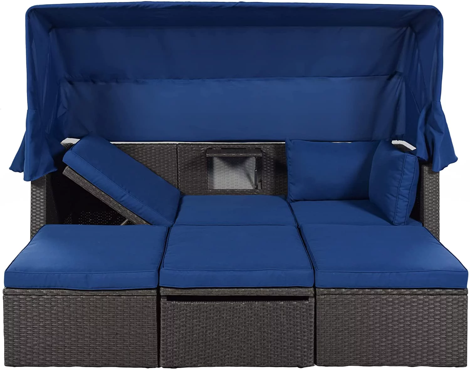 Outdoor Patio Rectangle Daybed with Retractable Canopy,All-Weather Wicker Sectional Furniture Set with Cushions and Lifting Table for Backyard Porch, Blue