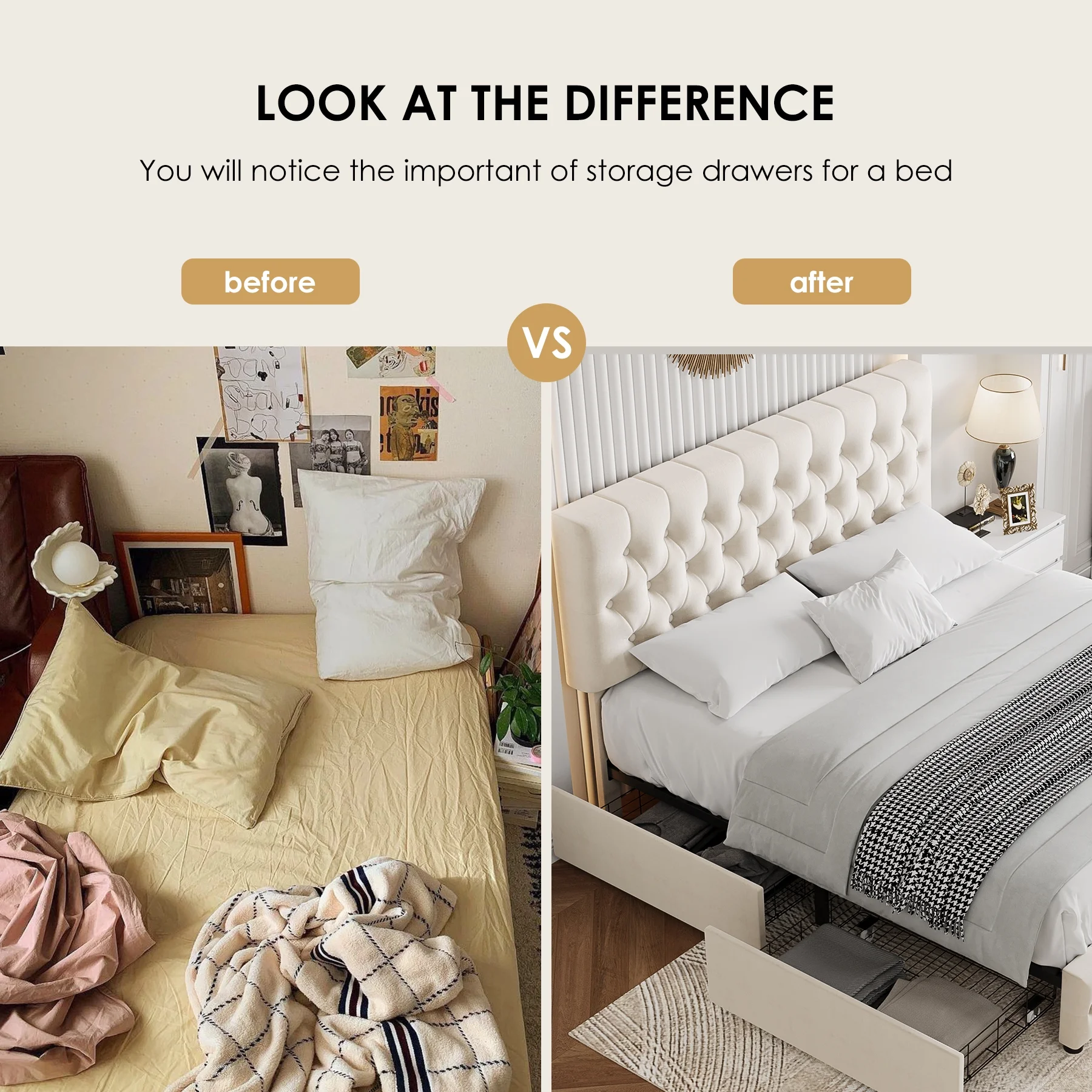 Homfa Queen Size Storage Bed, Velvet Platform Bed Frame with 4 Drawers, Upholstered with Adjustable Headboard, Off White