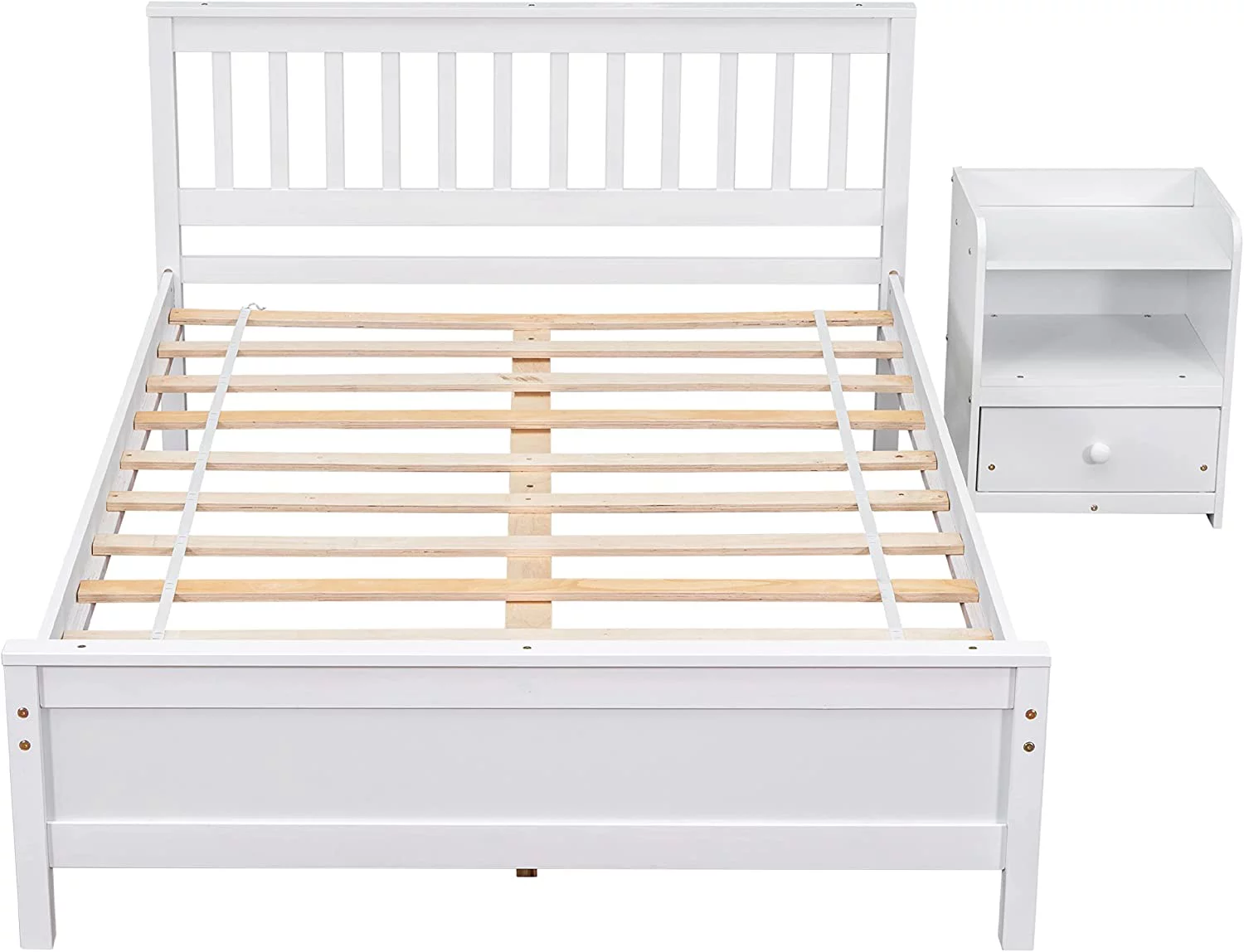 Full Bed Frame with Nightstand Full Size Bed Frame for Kids, Teens, Adults with Slats, Headboard & Footboard, Wood Full Size Platform Bed for Bedroom Small Living Space, No Box Spring Needed-White