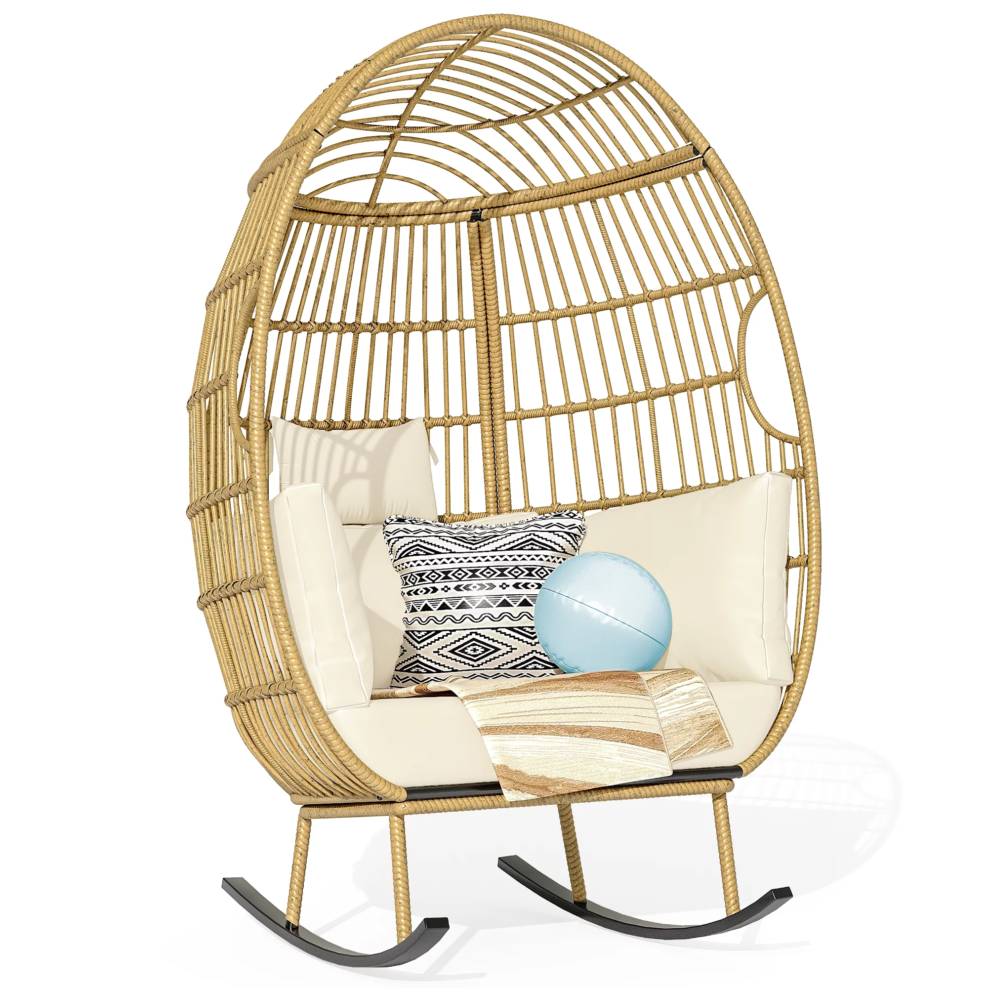 Dextrus Indoor Outdoor Rocking Egg Chair, Wicker Patio Rocking Basket Chair with 385lbs Capacity, All-Weather Oversized Egg Lounger Chair - Beige