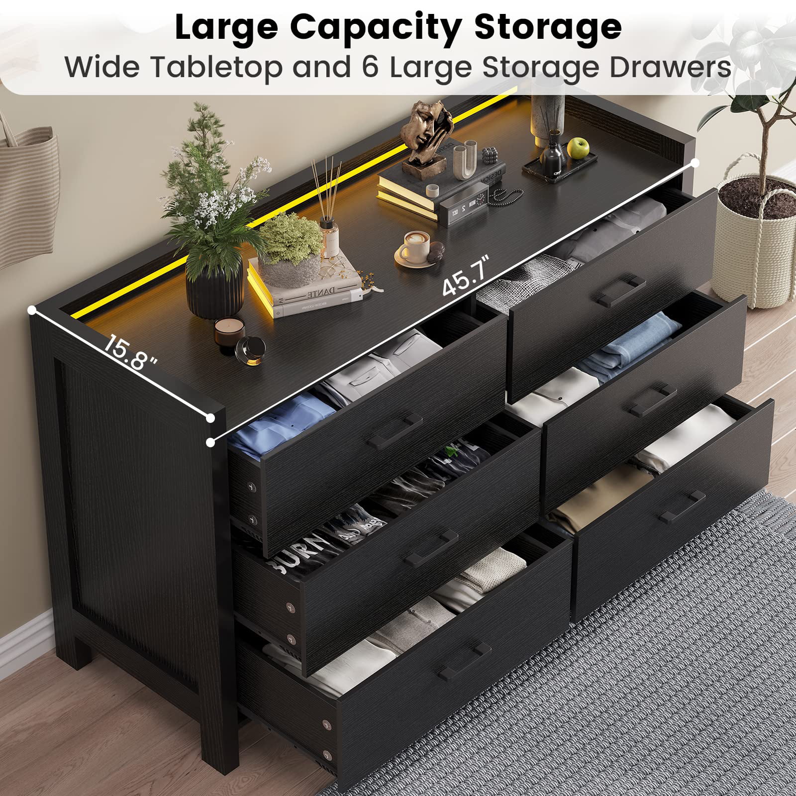 6 Drawer Double Dresser with LED Lights, Large Wooden Storage Cabinet,Drawer Dresser for Bedroom, Hallway, Entryway,Black