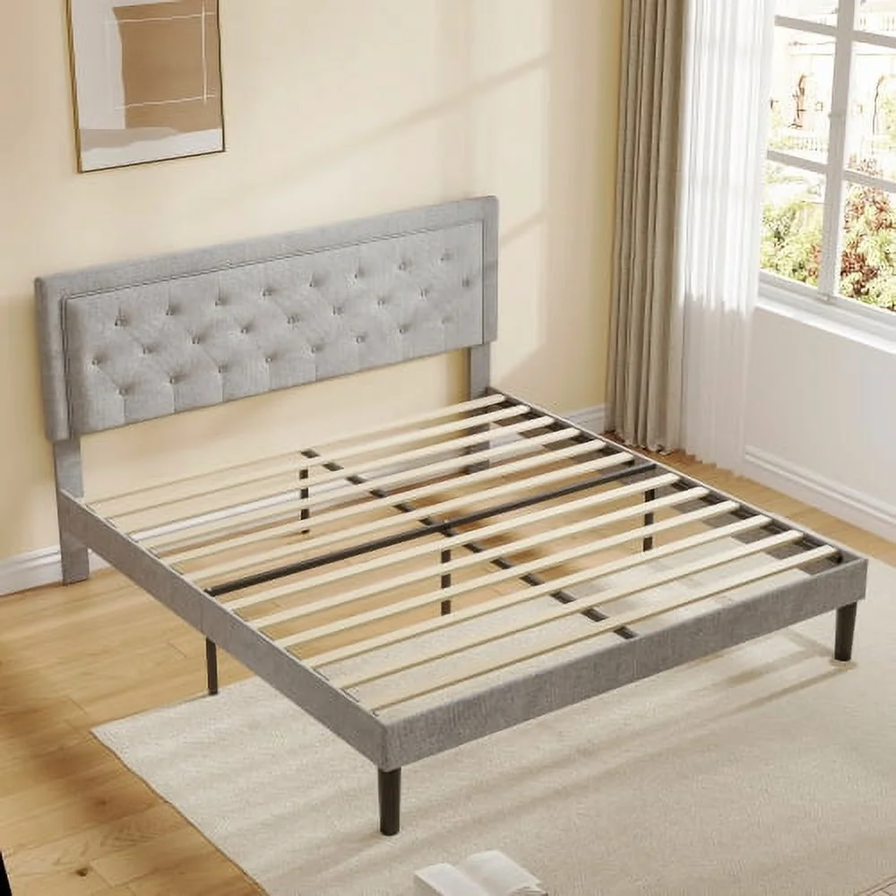 Light Grey Bed Frame With Adjustable Border Headboard Queen Size