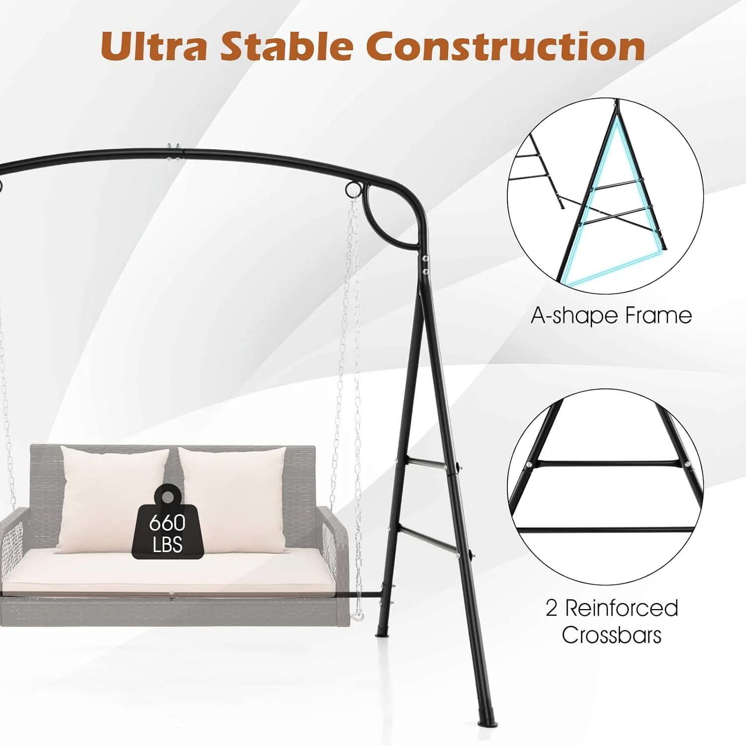 Outdoor Swing Frame Heavy-Duty Metal Porch Swing Stand with Side Bars & 2 Rings, 660 lbs Weight Capacity, A-Frame Swing Frame for Garden, Backyard, Balcony
