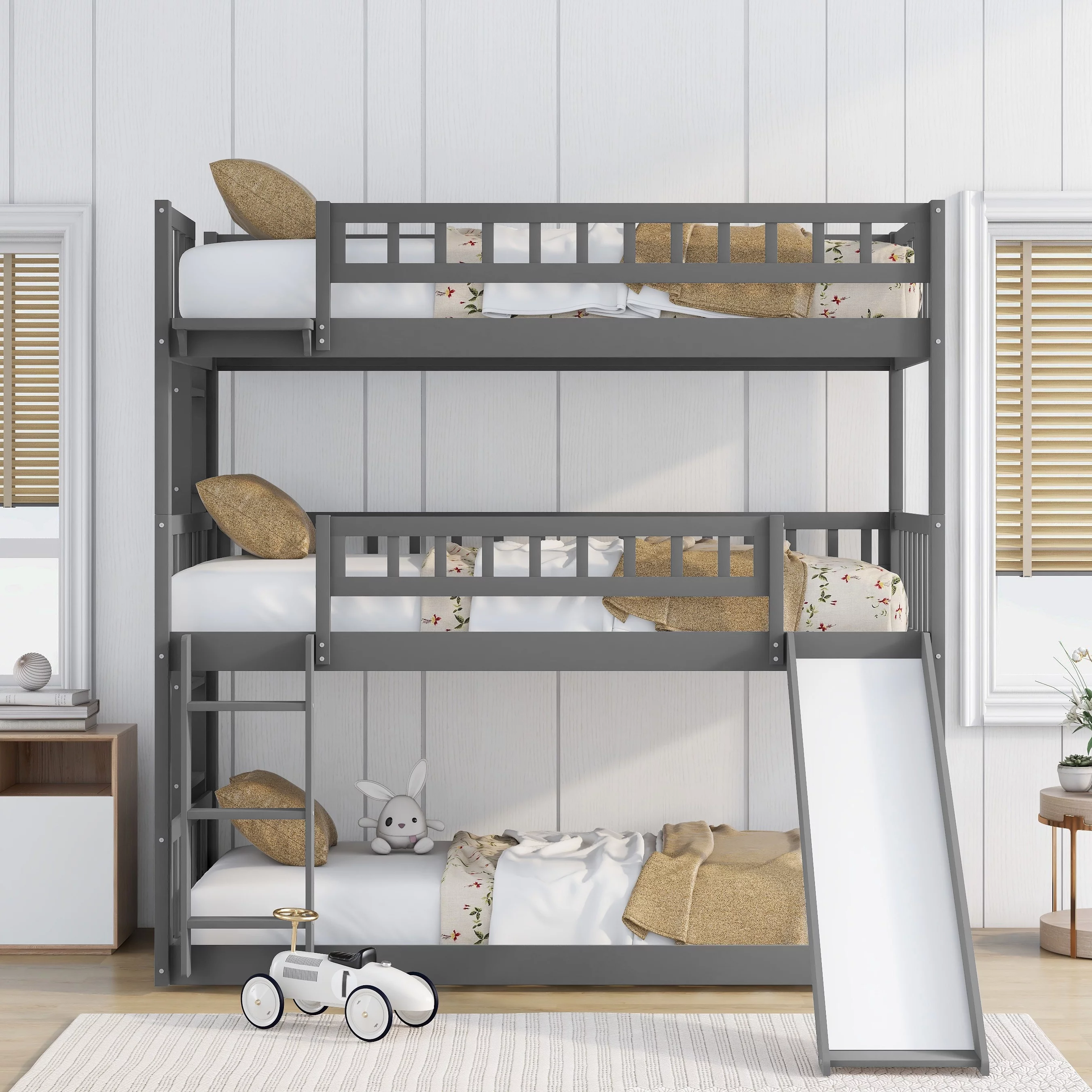 Bellemave Triple Bunk Bed with Slide, Wood Twin over Twin over Twin 3 Bunk Bed with 2 Built-In Ladders, Convertible Triple Beds for Kids, Teens, Boys & Girls (Gray)