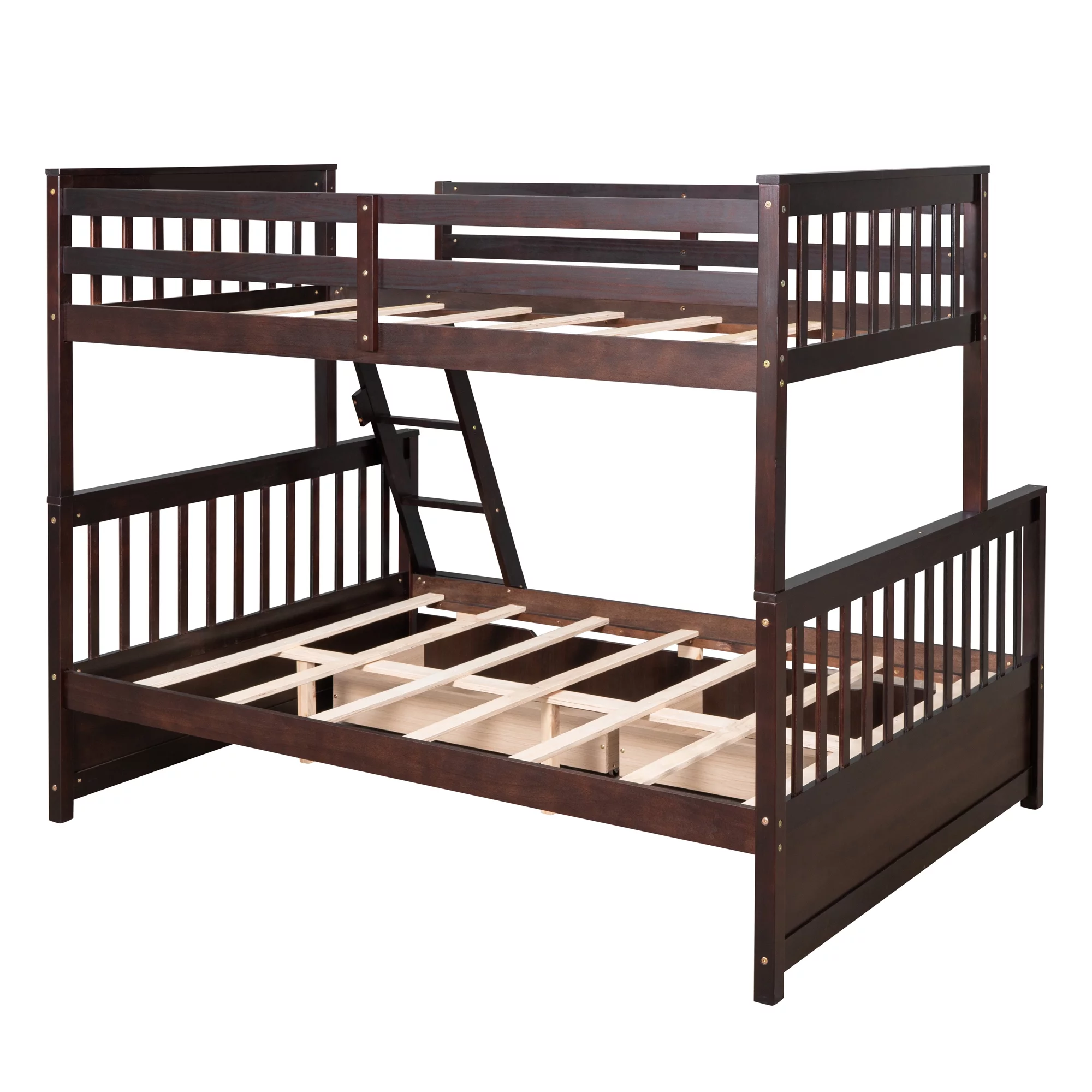 Twin Over Full Bunk Bed with Storage Drawer, Solid Wood Bunk Bed Frame with Ladders & Safety Guardrail, Bedroom Furniture for Kids, Teens, Adults, Espresso