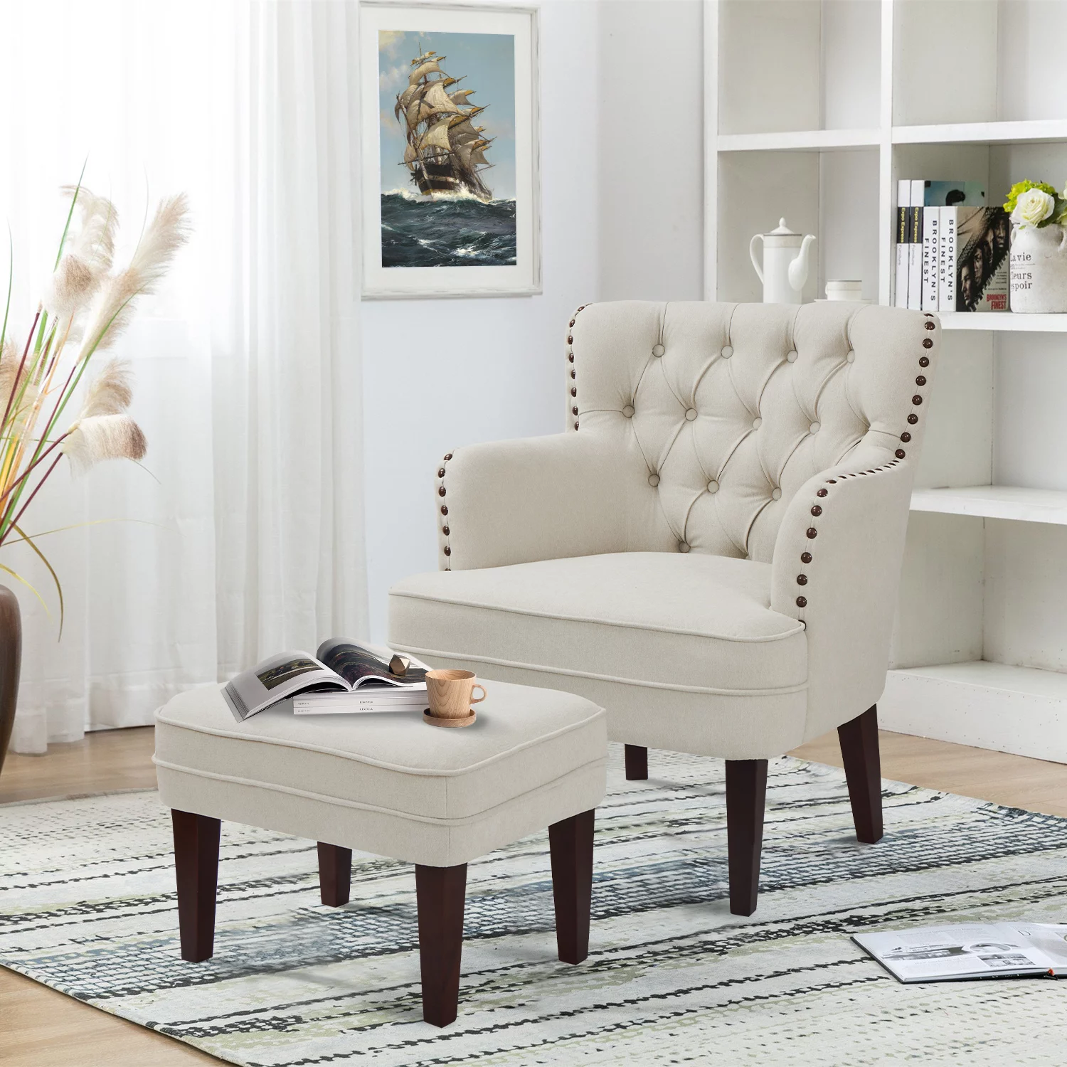 Accent Chair with Ottoman, Button Tufted Armchair for Bedroom Living Room(Beige)